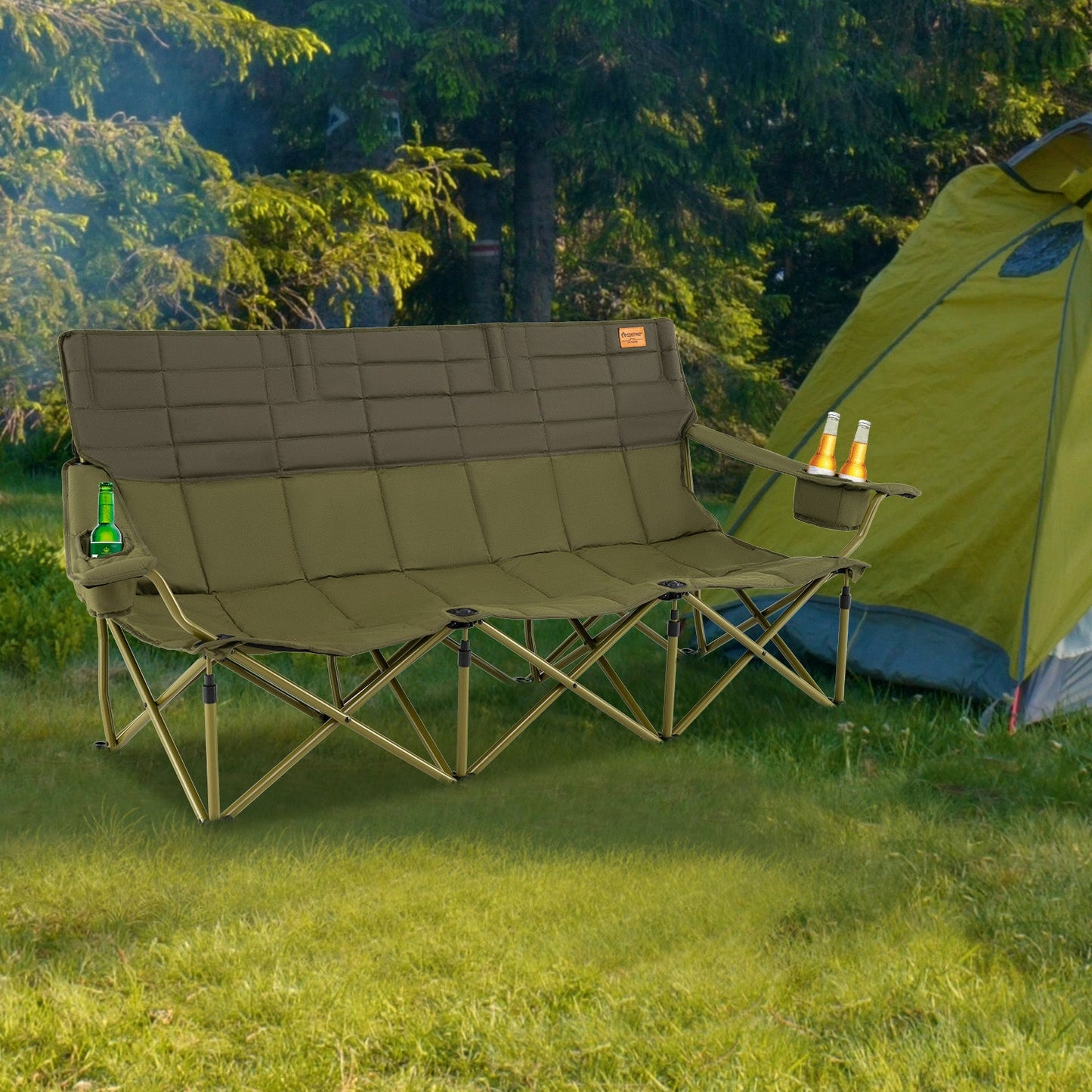 3 Person Folding Camping Chair with 2 Cup Holders Cotton Padding & Storage Bag-Green in a campsite setting