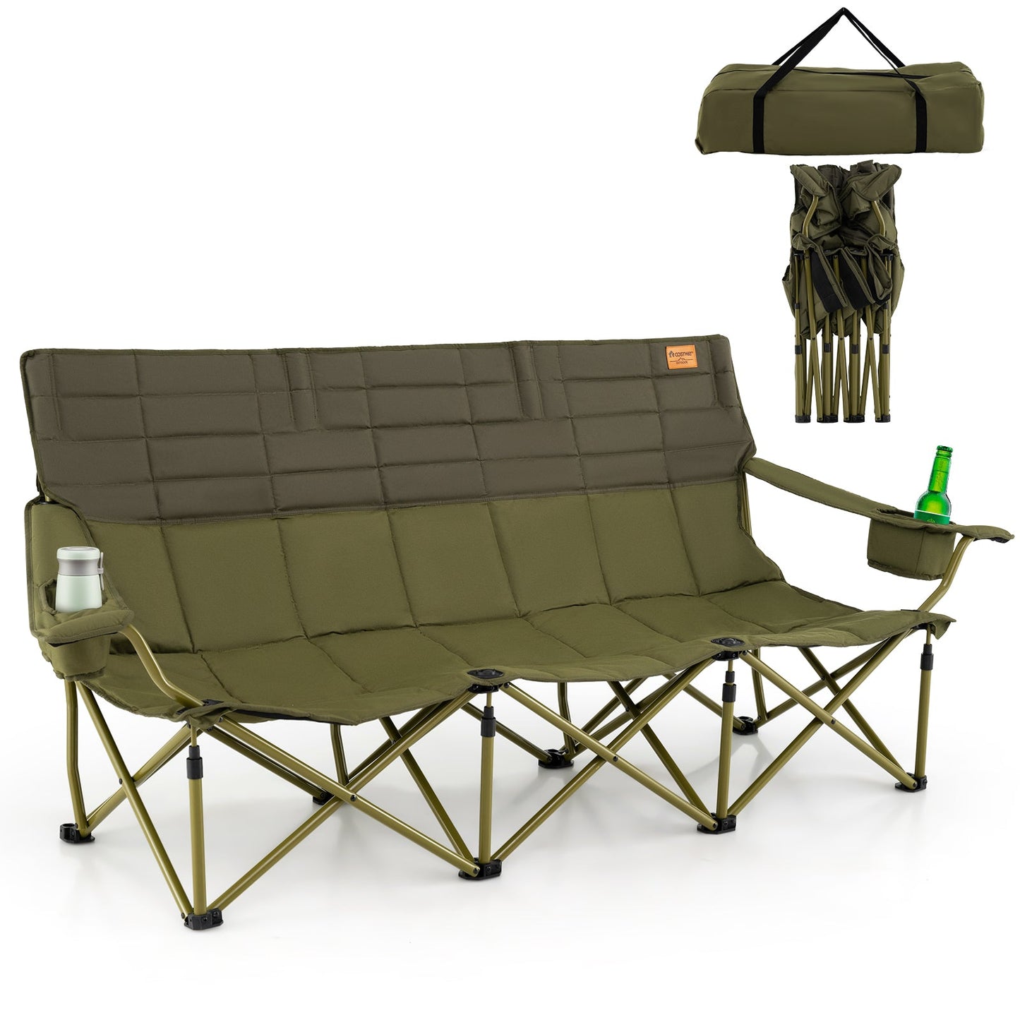3 Person Folding Camping Chair with 2 Cup Holders Cotton Padding & Storage Bag-Green, seated position, collapsed with carrying bag
