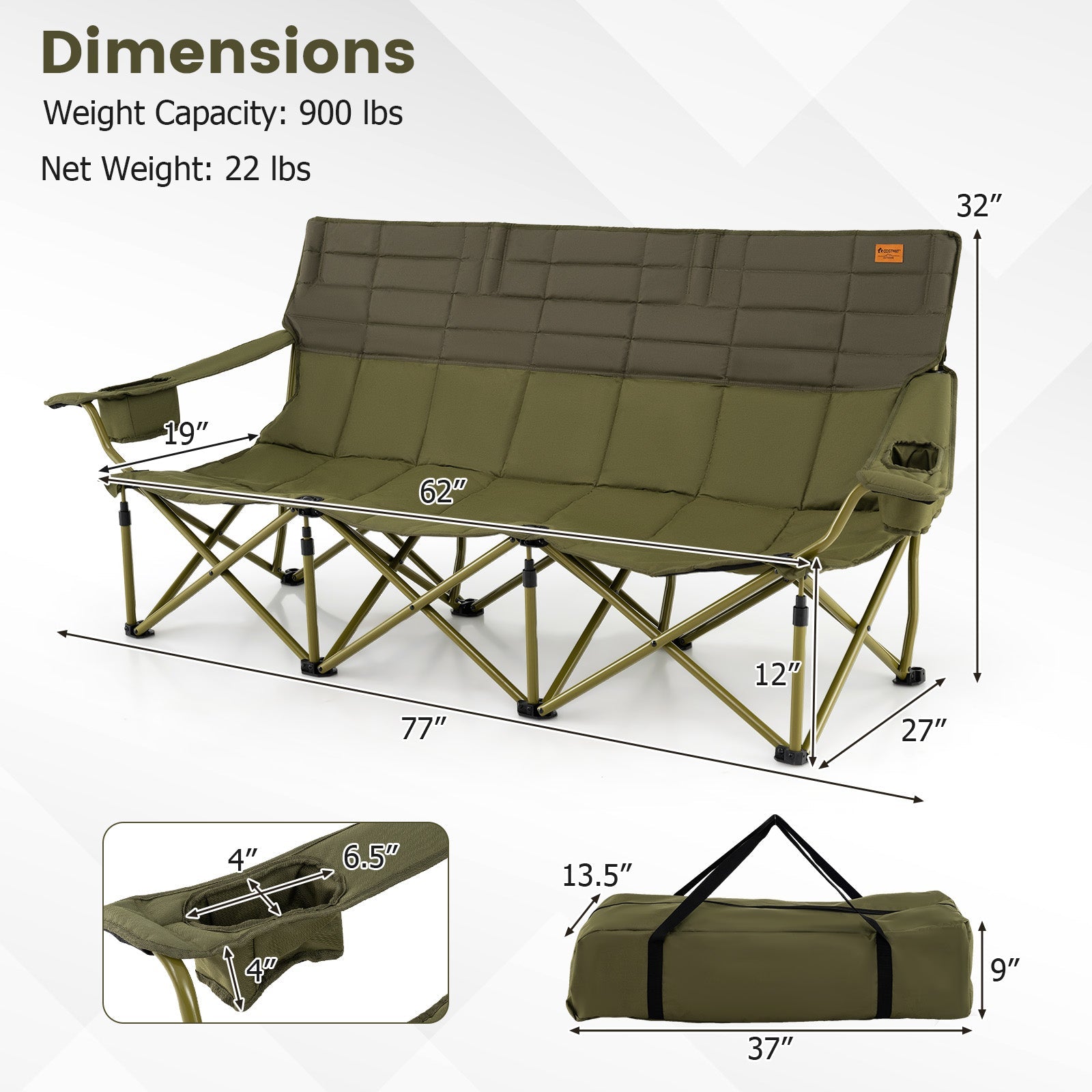 3 Person Folding Camping Chair with 2 Cup Holders Cotton Padding & Storage Bag-Green dimensions and foldable design