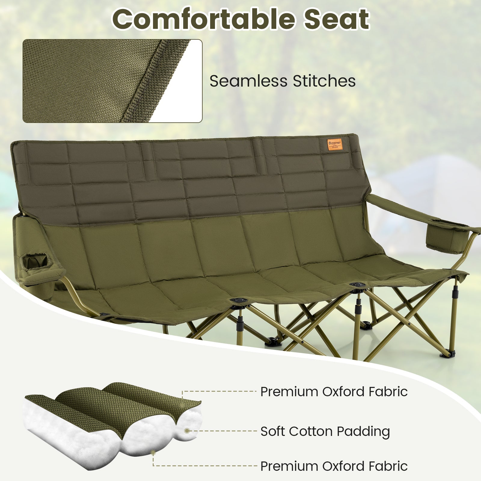 3 Person Folding Camping Chair with 2 Cup Holders Cotton Padding & Storage Bag-Green showing seamless stitches and soft padding