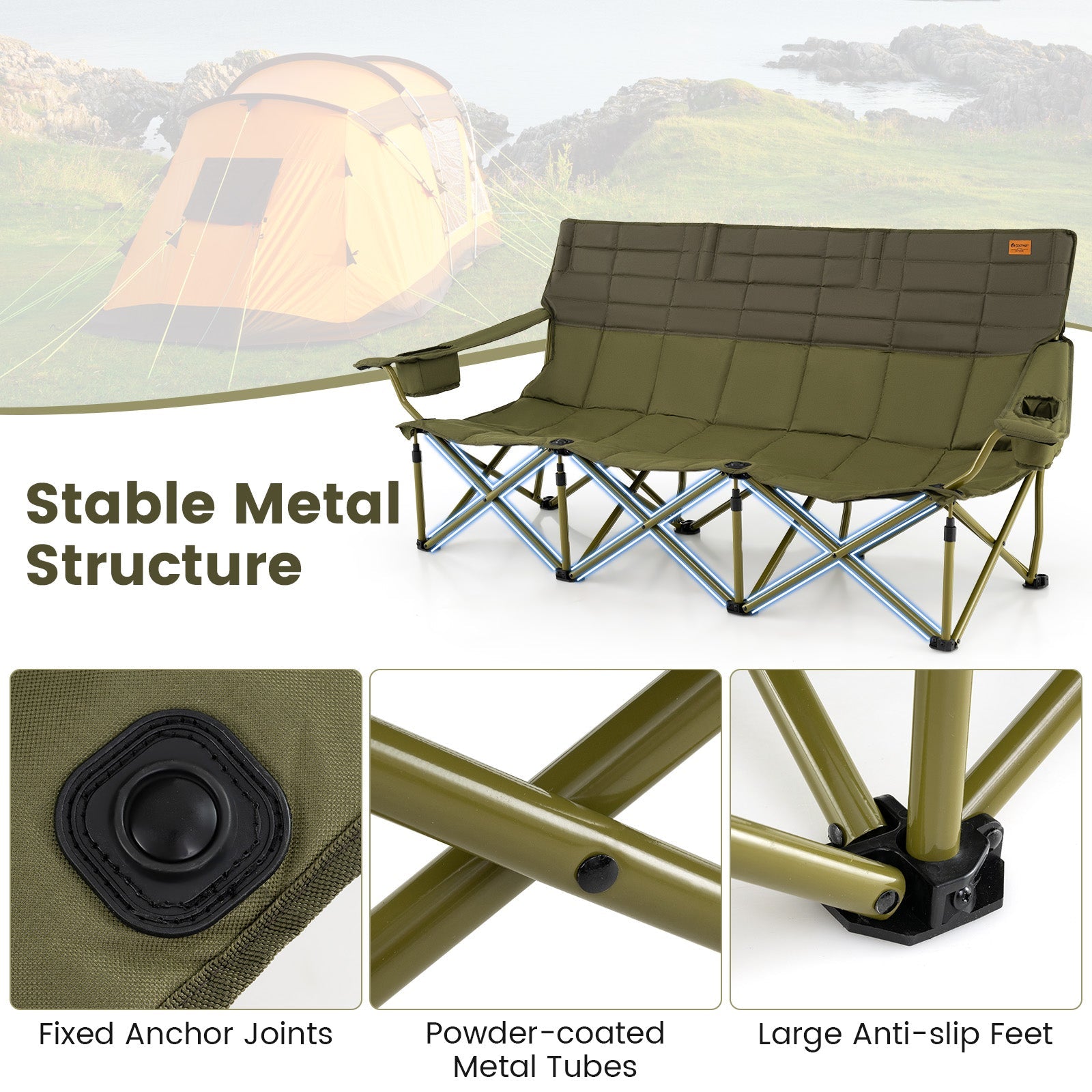 3 Person Folding Camping Chair with 2 Cup Holders Cotton Padding & Storage Bag-Green showing stable metal structure and details