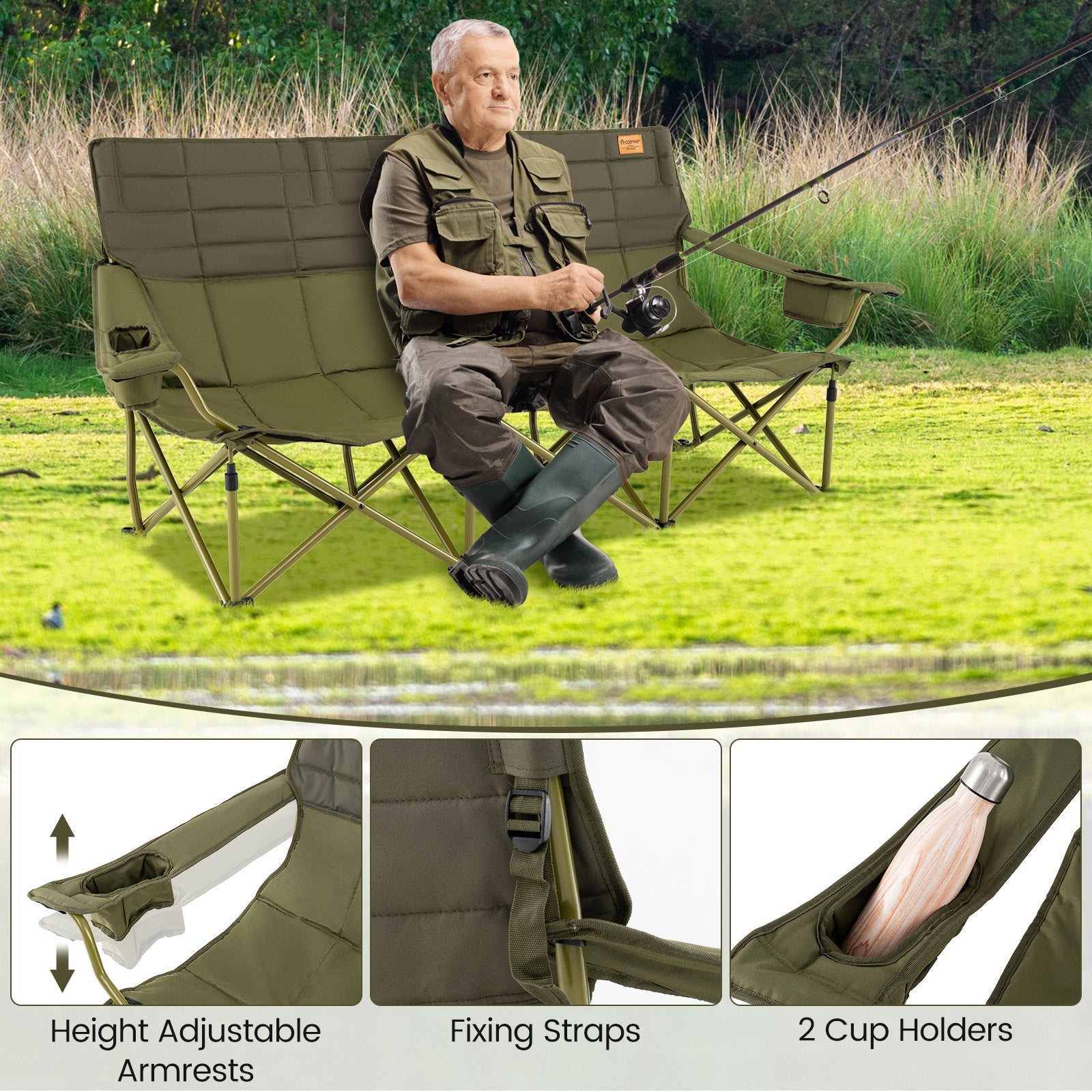 3 Person Folding Camping Chair with 2 Cup Holders Cotton Padding & Storage Bag-Green outdoors with adjustable armrests.