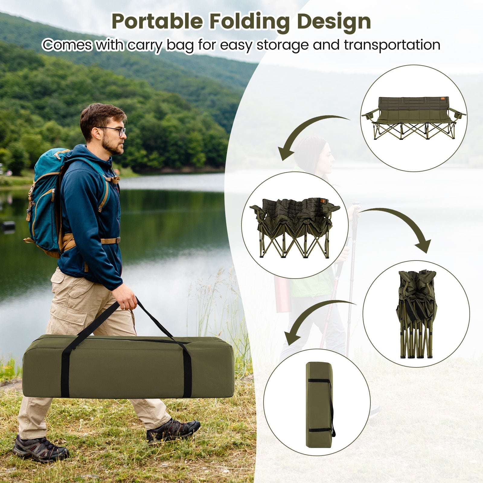 Man carrying folded 3 Person Folding Camping Chair with 2 Cup Holders Cotton Padding & Storage Bag-Green outdoors by lake