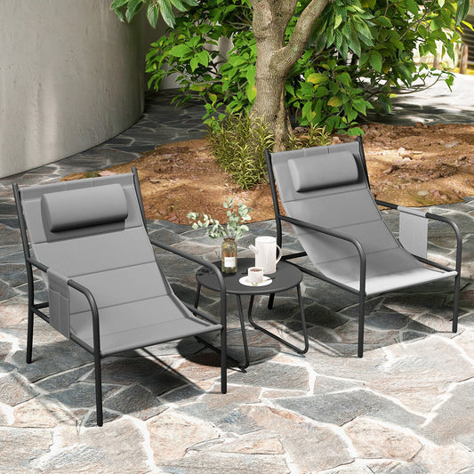 3 Piece Outdoor Bistro Set Patio Metal Chair and Coffee Table Set-Gray with contoured seats and storage pocket
