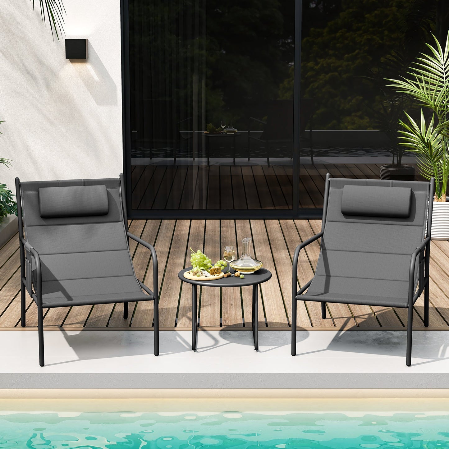 3 Piece Outdoor Bistro Set Patio Metal Chair and Coffee Table Set-Gray by poolside