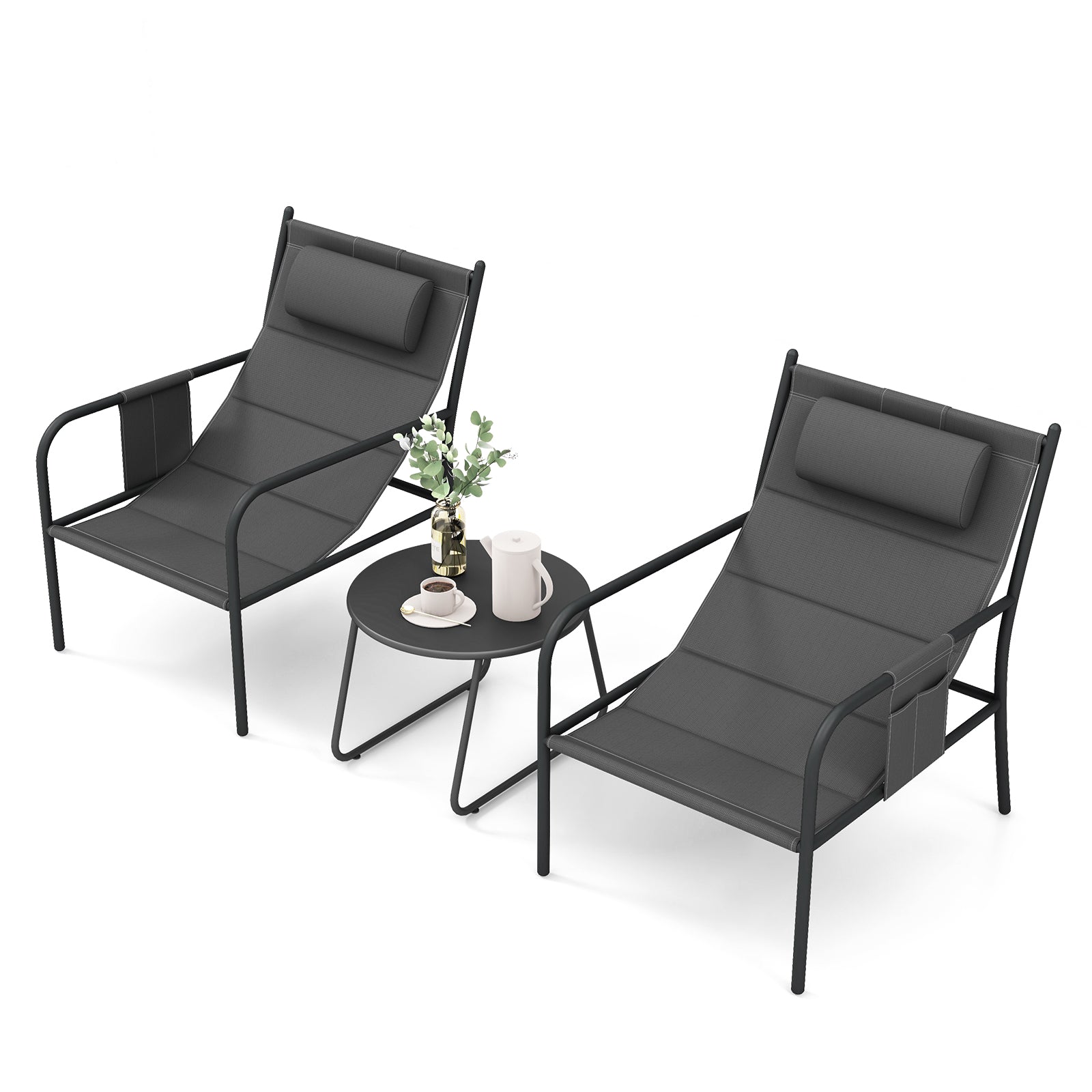 3 Piece Outdoor Bistro Set Patio Metal Chair and Coffee Table Set-Gray with two chairs and a coffee table