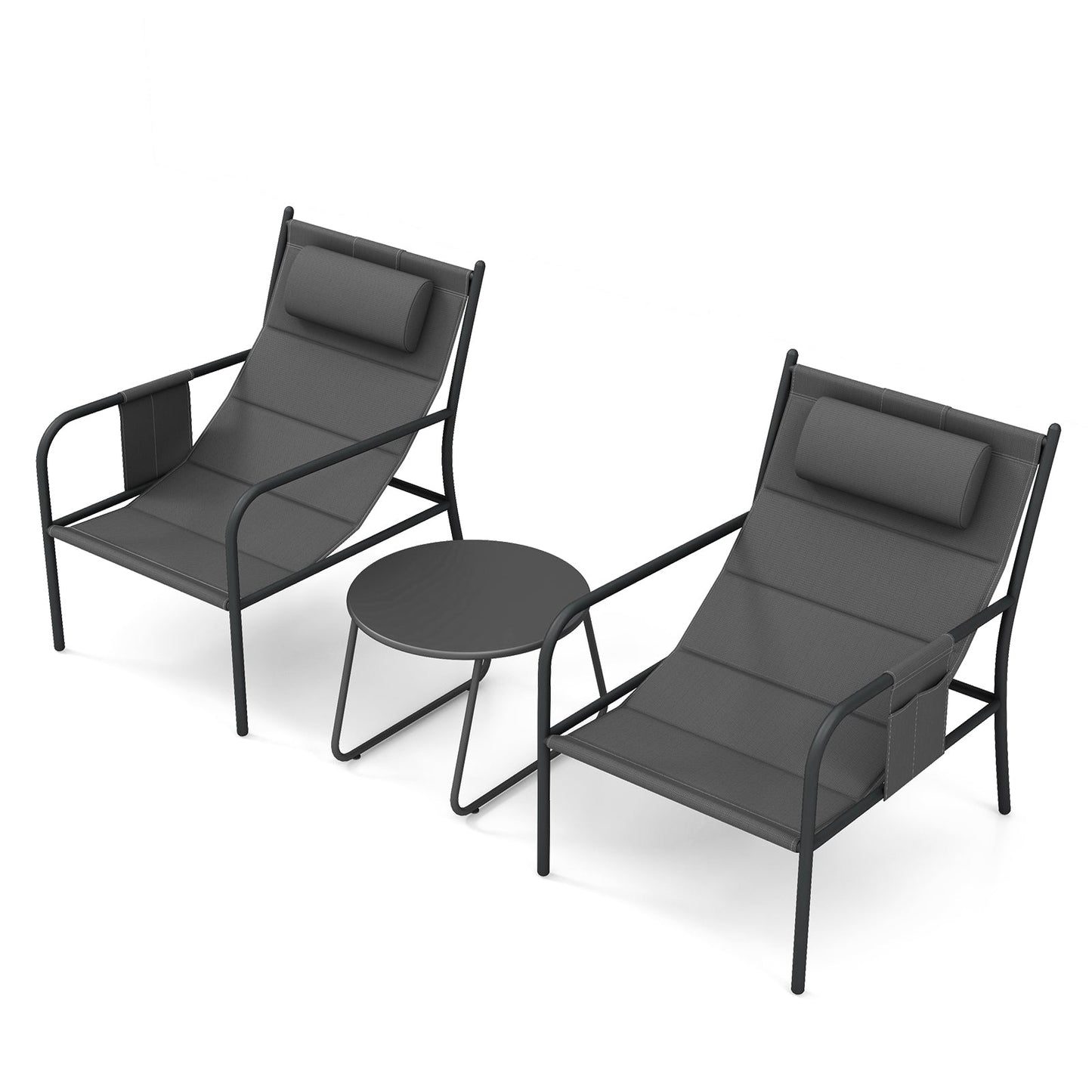 3 Piece Outdoor Bistro Set Patio Metal Chair and Coffee Table Set-Gray with contoured seats and metal frame.