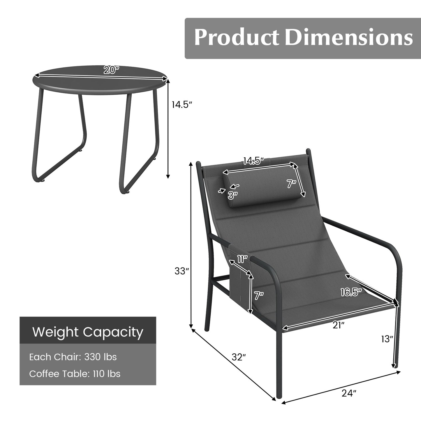Dimensions and weight capacity of 3 Piece Outdoor Bistro Set Patio Metal Chair and Coffee Table Set-Gray