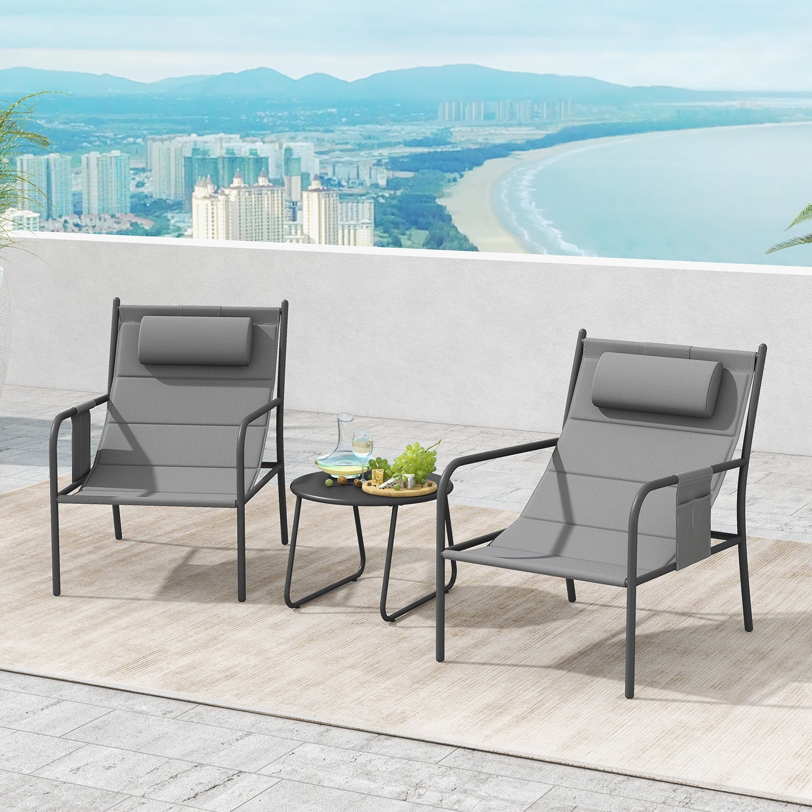 3 Piece Outdoor Bistro Set Patio Metal Chair and Coffee Table Set-Gray on balcony overlooking coastal cityscape