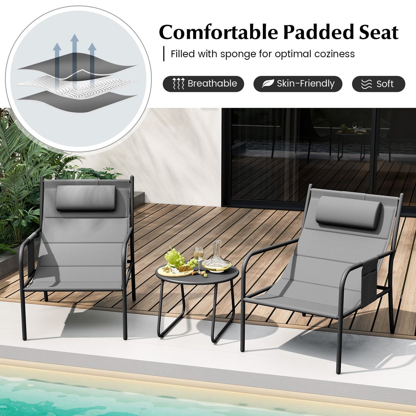 3 Piece Outdoor Bistro Set Patio Metal Chair and Coffee Table Set-Gray with padded seats by a poolside