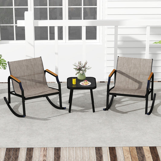 3 Piece Patio Rocking Bistro Set with Tempered Glass Coffee Table and Armrests for Porch-Brown, featuring ergonomic chairs and table.