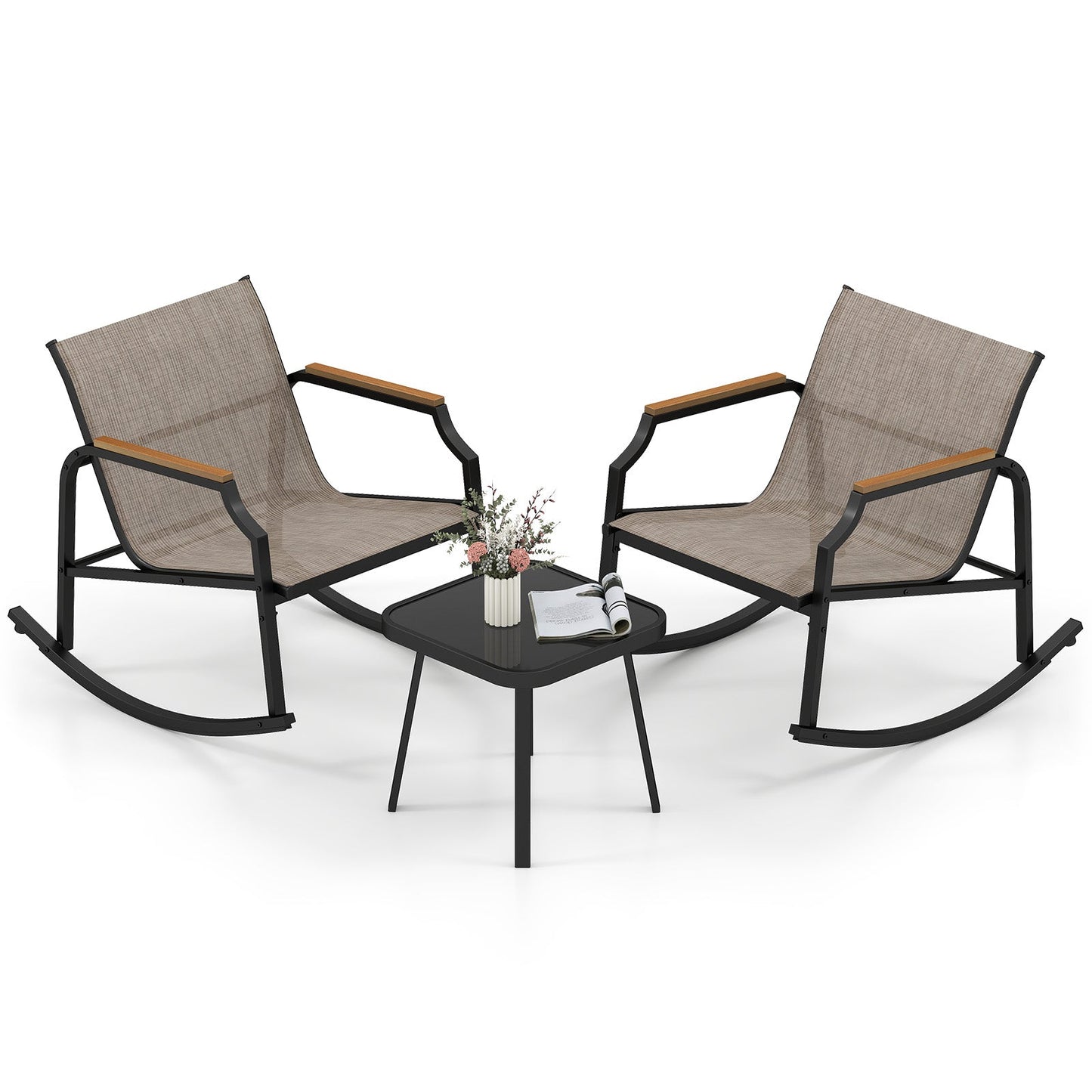 3 Piece Patio Rocking Bistro Set with Tempered Glass Coffee Table and Armrests for Porch-Brown, featuring ergonomic seats and metal frame.