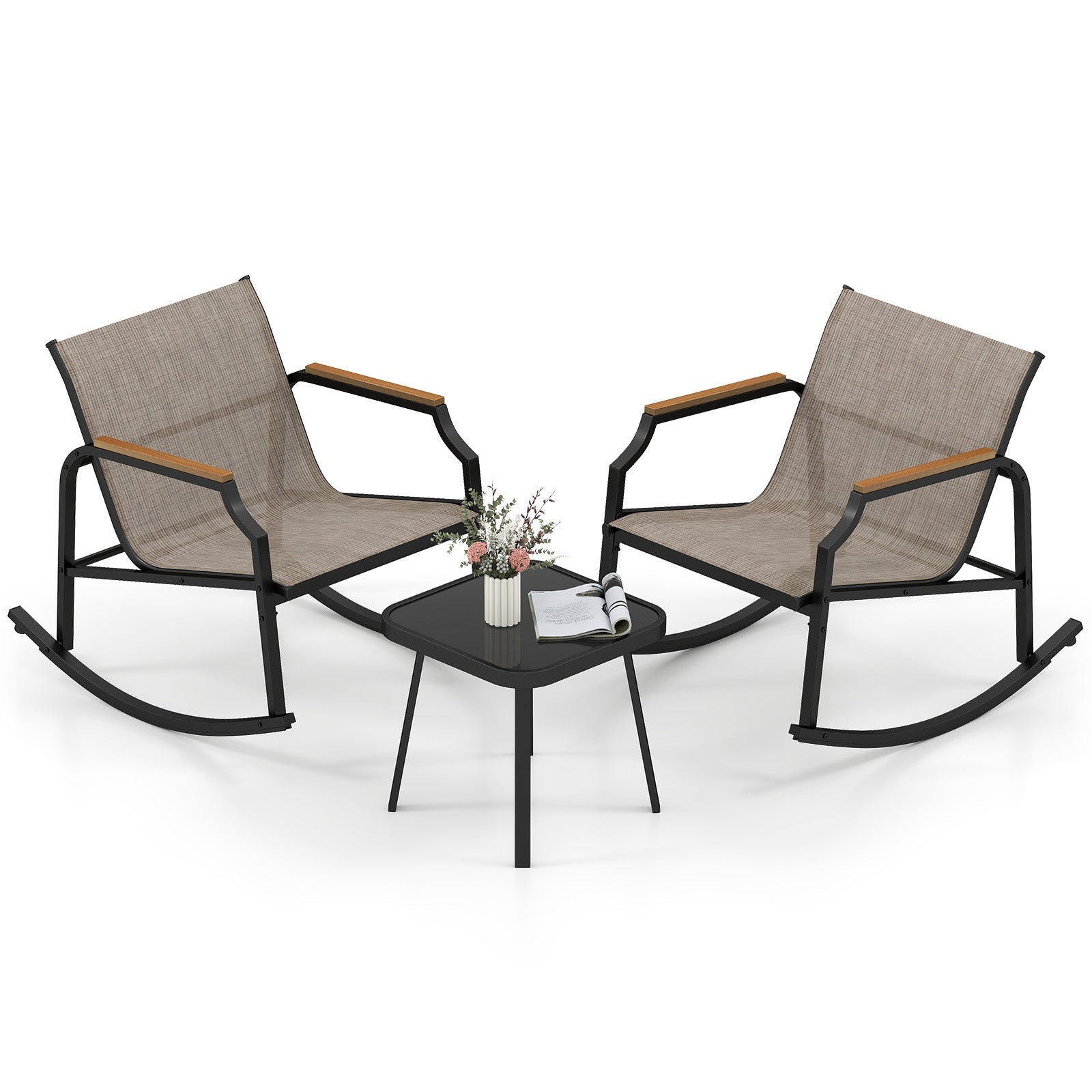 3 Piece Patio Rocking Bistro Set with Tempered Glass Coffee Table and Armrests for Porch-Brown, featuring ergonomic seats and metal frame.