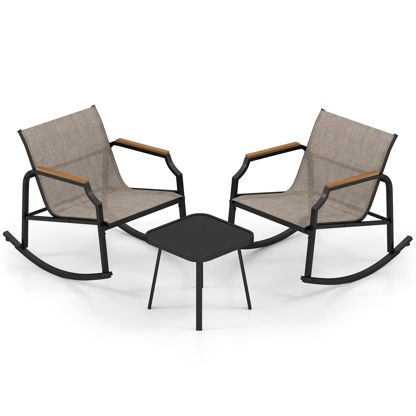 3 Piece Patio Rocking Bistro Set with Tempered Glass Coffee Table and Armrests for Porch-Brown featuring two rocking chairs and a table.