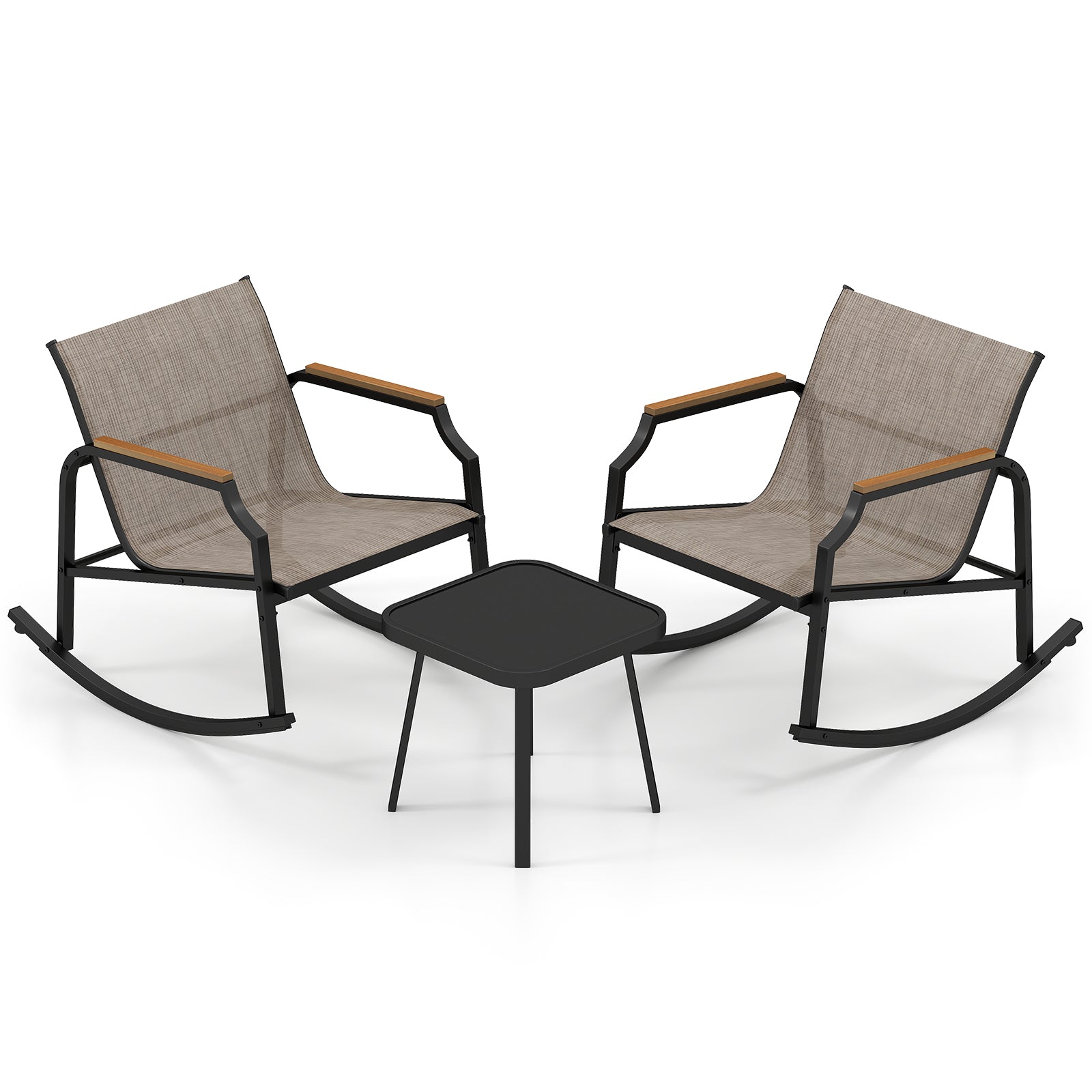 3 Piece Patio Rocking Bistro Set with Tempered Glass Coffee Table and Armrests for Porch-Brown featuring two rocking chairs and a table.