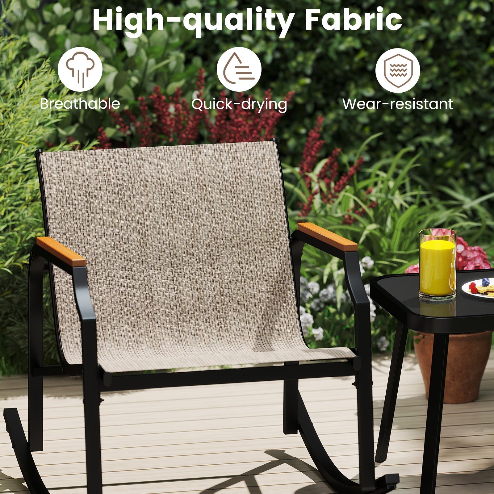 3 Piece Patio Rocking Bistro Set with Tempered Glass Coffee Table and Armrests for Porch-Brown featuring breathable fabric