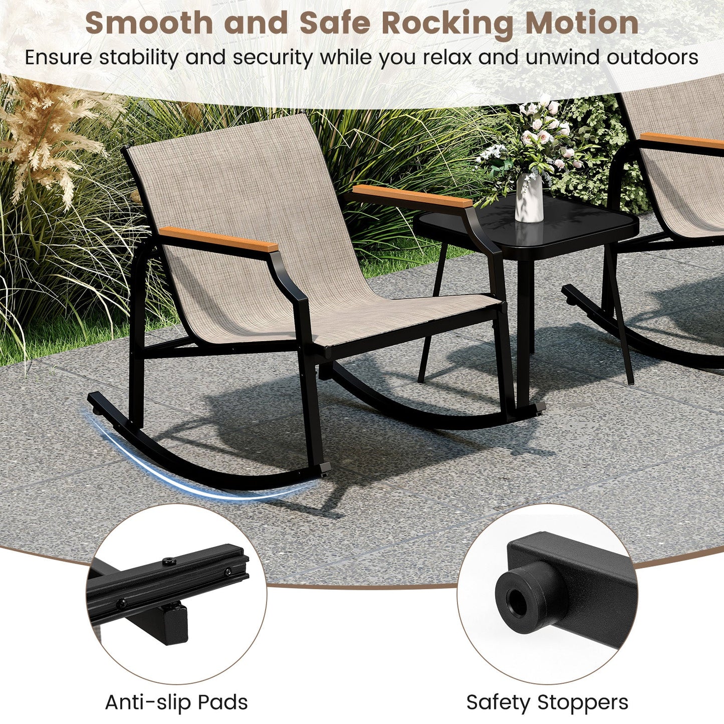 3 Piece Patio Rocking Bistro Set with Tempered Glass Coffee Table and Armrests for Porch-Brown on outdoor patio with safety features