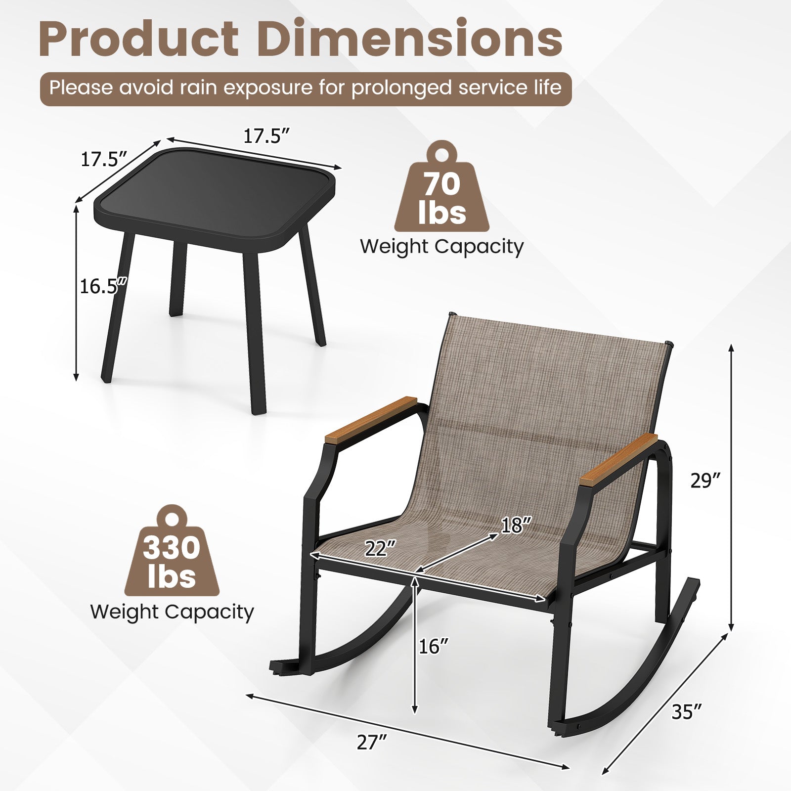 Product dimensions of 3 Piece Patio Rocking Bistro Set with Tempered Glass Coffee Table and Armrests for Porch-Brown including weights