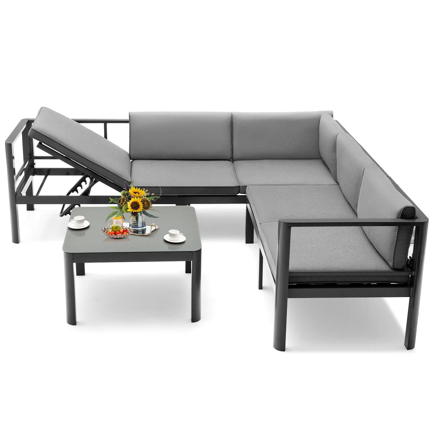 3 Pieces Aluminum Patio Furniture Set with 6-Level Adjustable Backrest-Gray featuring recliner and cushions on a sunny patio.