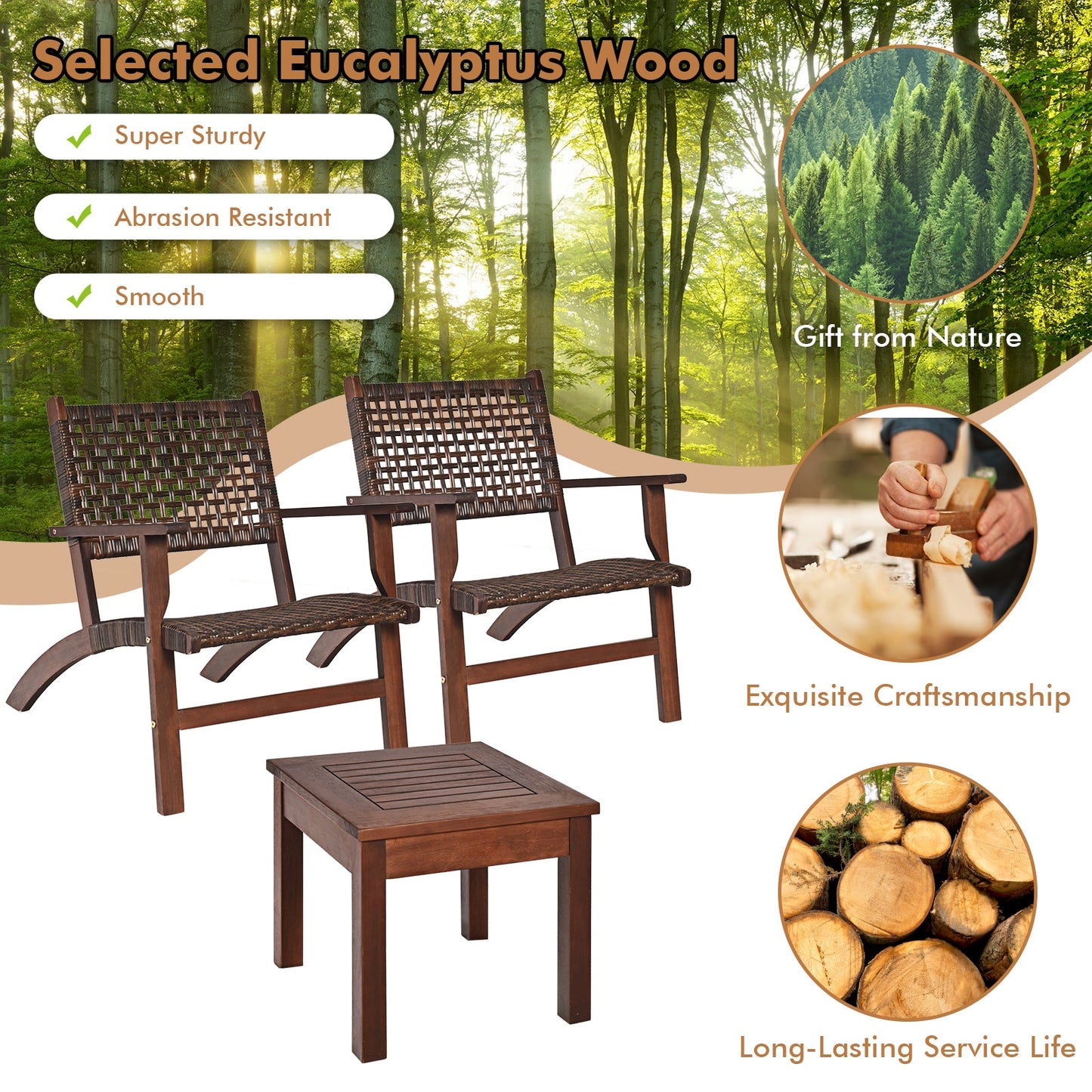 3 Pieces Outdoor Wooden Patio Rattan Furniture Set with eucalyptus wood, includes two chairs and a table in a natural setting.