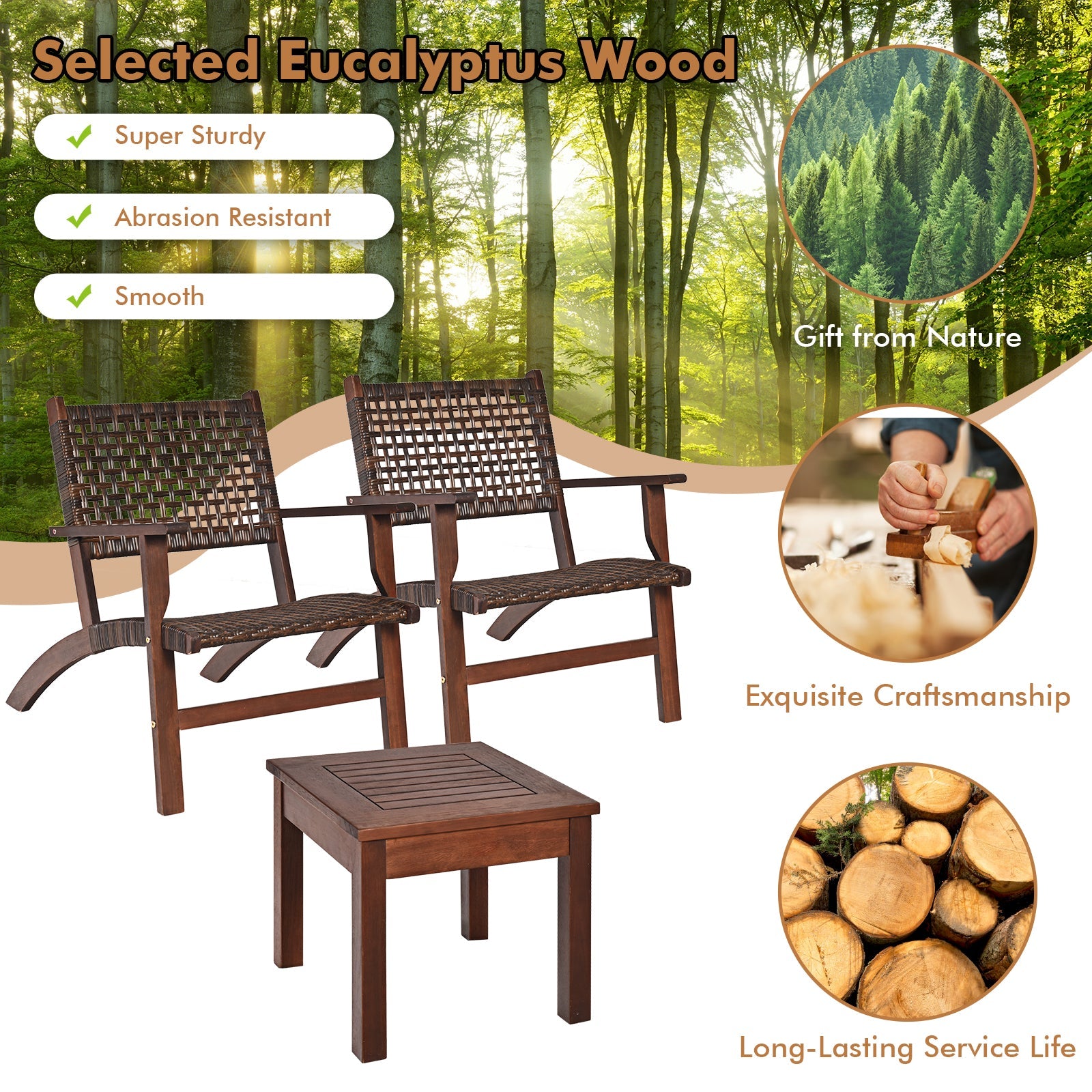 3 Pieces Outdoor Wooden Patio Rattan Furniture Set with eucalyptus wood, includes two chairs and a table in a natural setting.