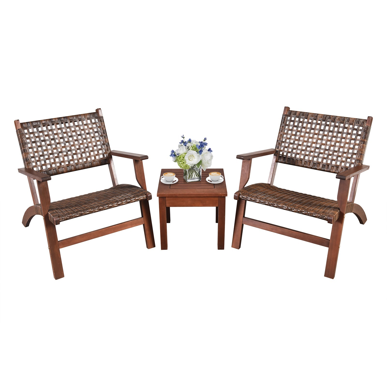 3 Pieces Outdoor Wooden Patio Rattan Furniture Set with chairs and coffee table