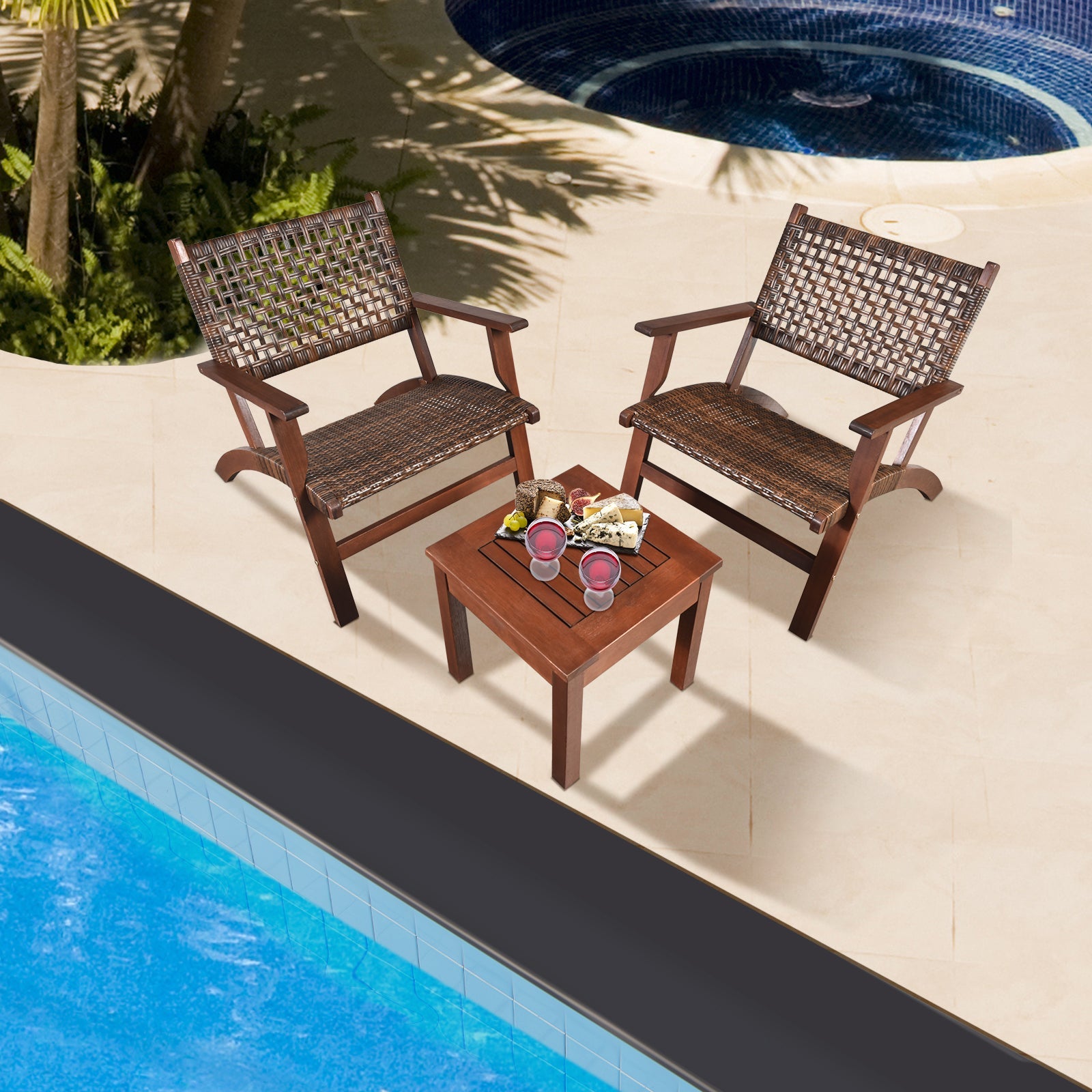 3 Pieces Outdoor Wooden Patio Rattan Furniture Set beside pool with chairs and table