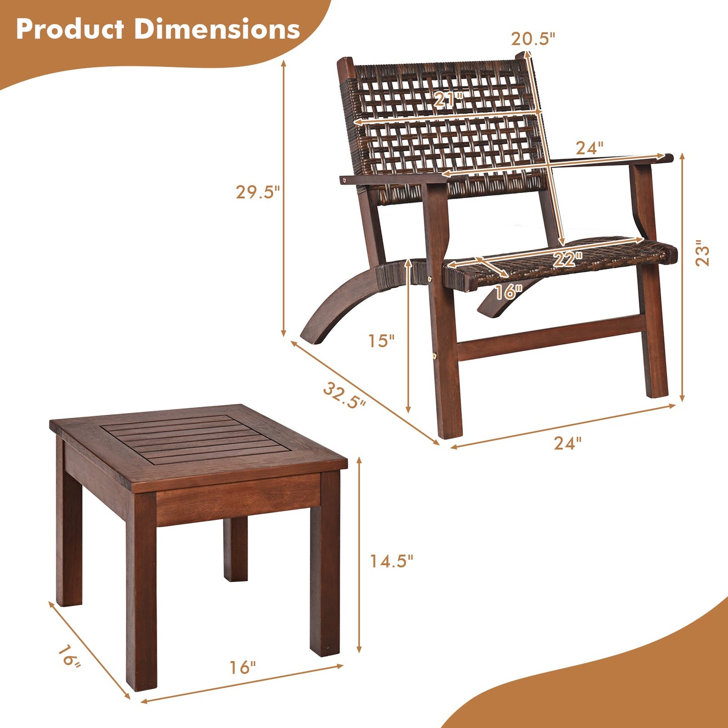 Dimensions of chairs and table from 3 Pieces Outdoor Wooden Patio Rattan Furniture Set with sturdy eucalyptus wood and rattan.