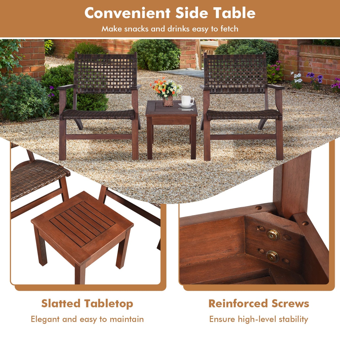 3 Pieces Outdoor Wooden Patio Rattan Furniture Set with solid wood coffee table and comfortable chairs in garden