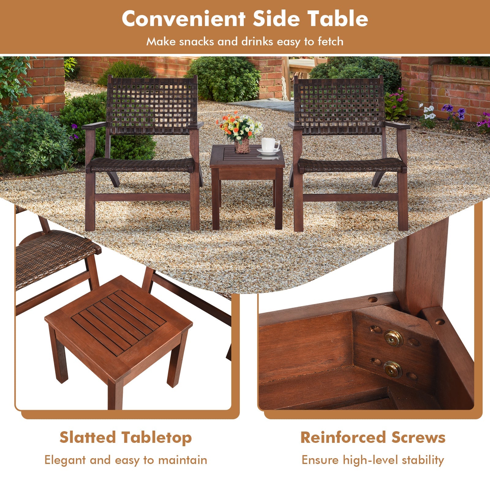 3 Pieces Outdoor Wooden Patio Rattan Furniture Set with solid wood coffee table and comfortable chairs in garden