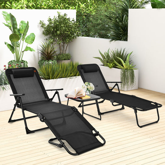 3 Pieces Patio Folding Chaise Lounge Set with PVC Tabletop-Black on a stylish outdoor deck