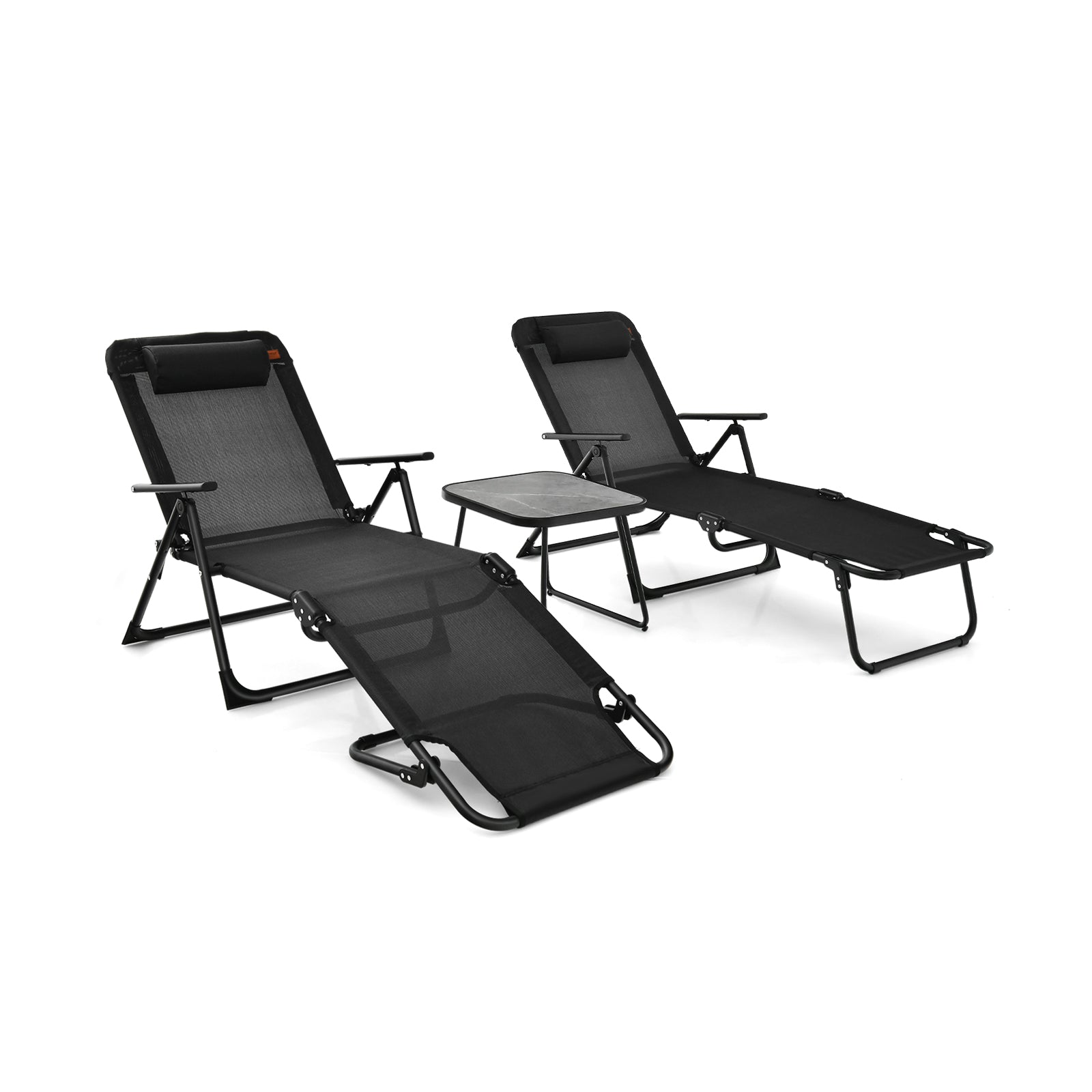 3 Pieces Patio Folding Chaise Lounge Set with PVC Tabletop-Black includes 2 black folding chairs and a matching table for outdoor relaxation.