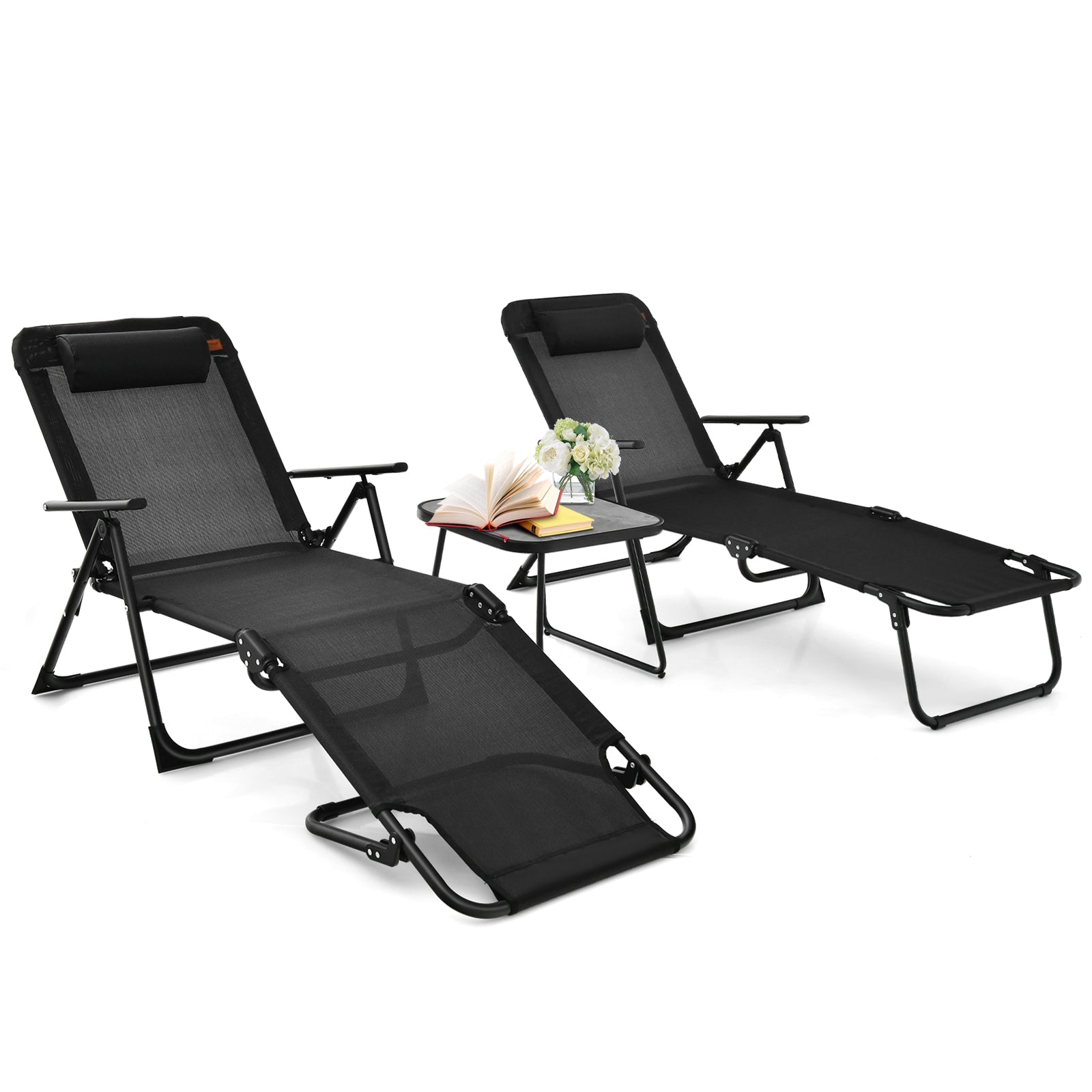 3 Pieces Patio Folding Chaise Lounge Set with PVC Tabletop-Black; two reclining chairs and a table with flowers on it.