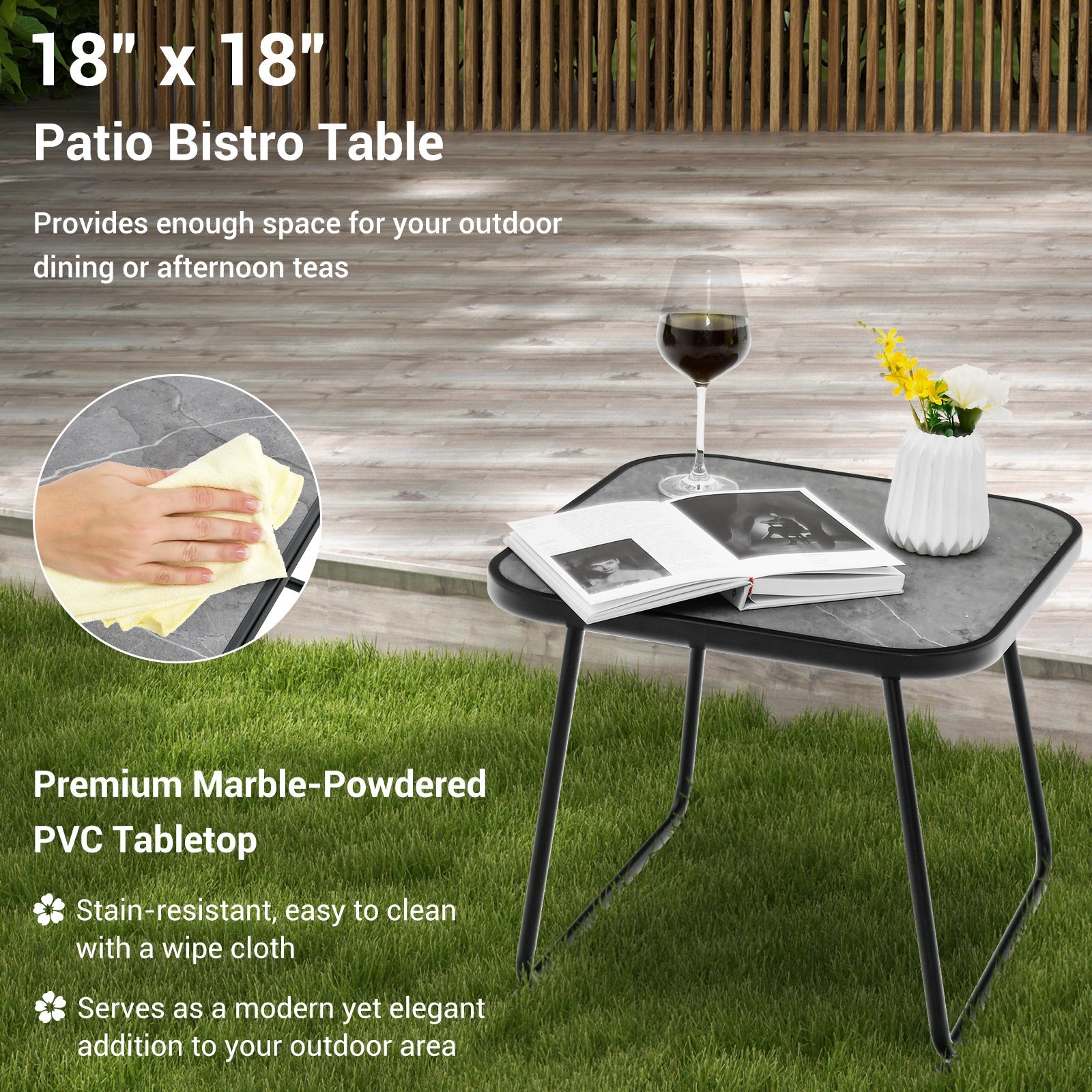18x18 Patio Bistro Table with Marble-Powdered PVC for outdoor dining, stain-resistant and easy to clean, perfect for any garden space.