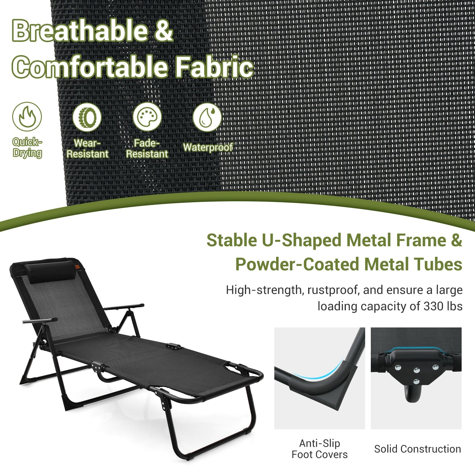 3 Pieces Patio Folding Chaise Lounge Set with PVC Tabletop-Black featuring breathable fabric and sturdy metal frame.