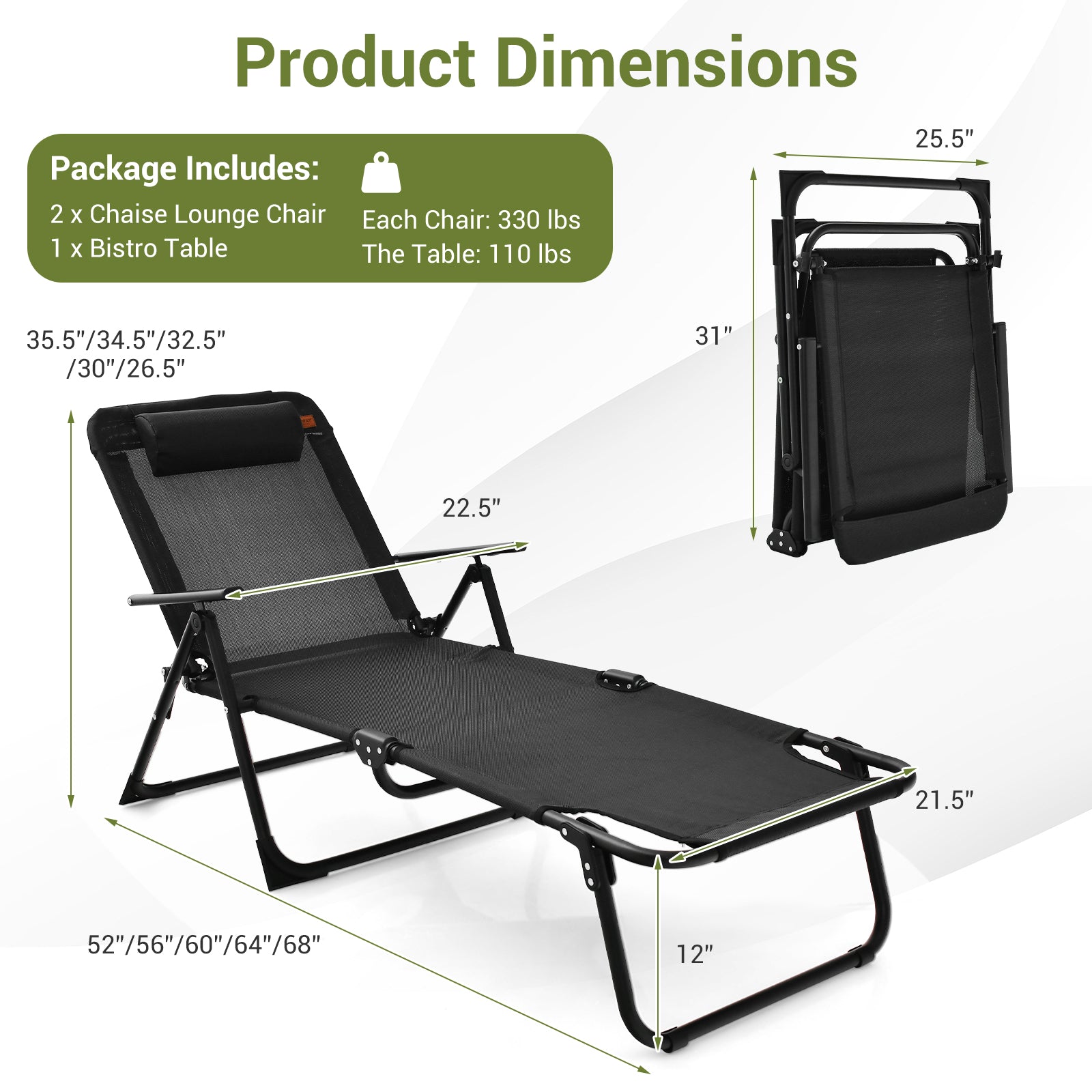 3 Pieces Patio Folding Chaise Lounge Set with PVC Tabletop-Black - dimensions and weight specifications