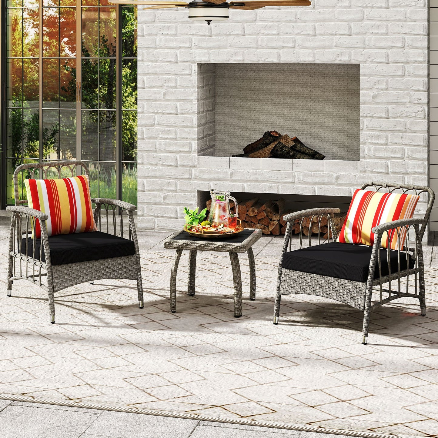 3 Pieces Patio PE Wicker Furniture Set with 5-Level Adjustable Backrest-Gray on outdoor patio with cushions and table