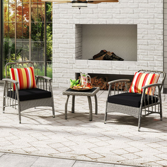 3 Pieces Patio PE Wicker Furniture Set with 5-Level Adjustable Backrest-Gray on outdoor patio with cushions and table