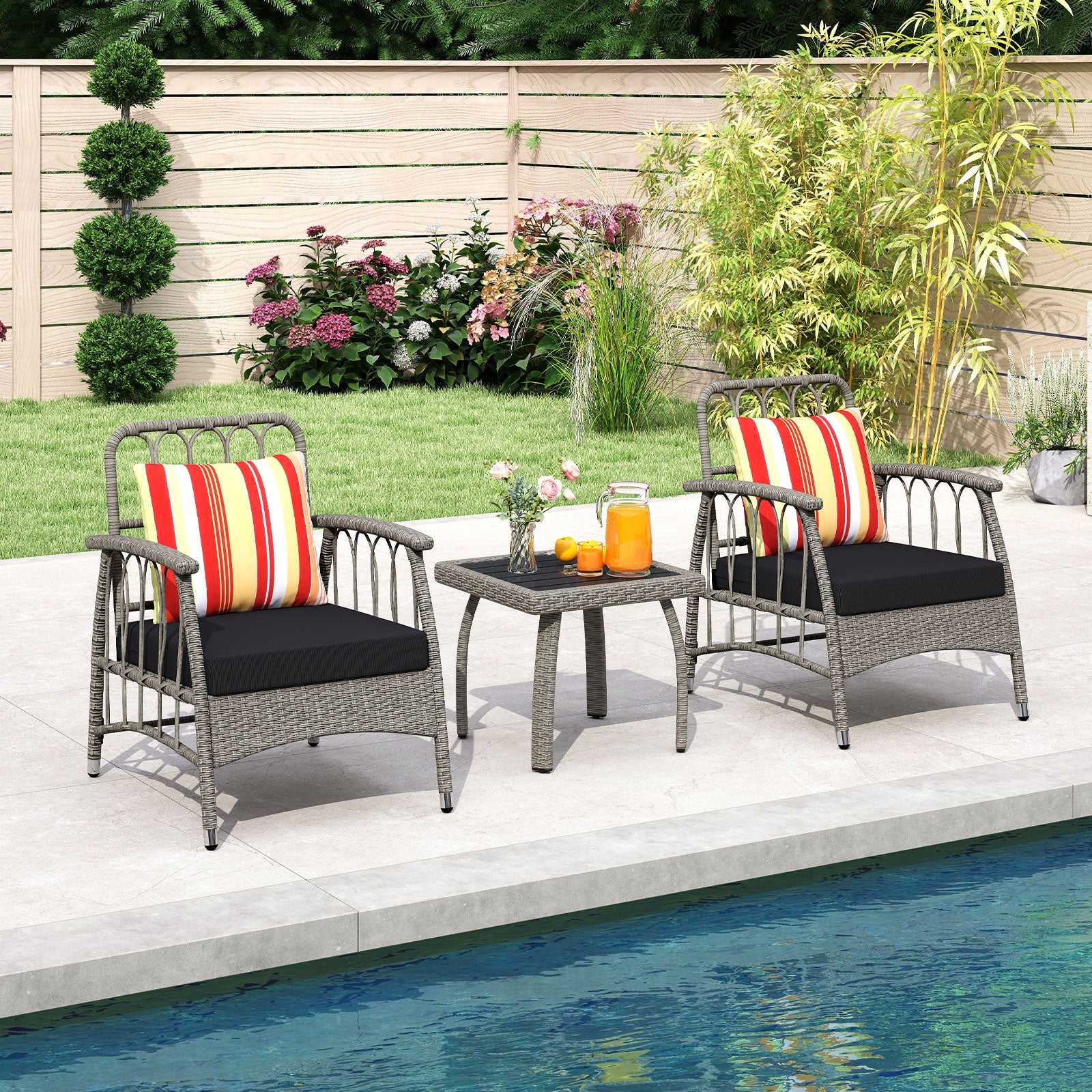 3 Pieces Patio PE Wicker Furniture Set with 5-Level Adjustable Backrest-Gray by poolside with cushions and table