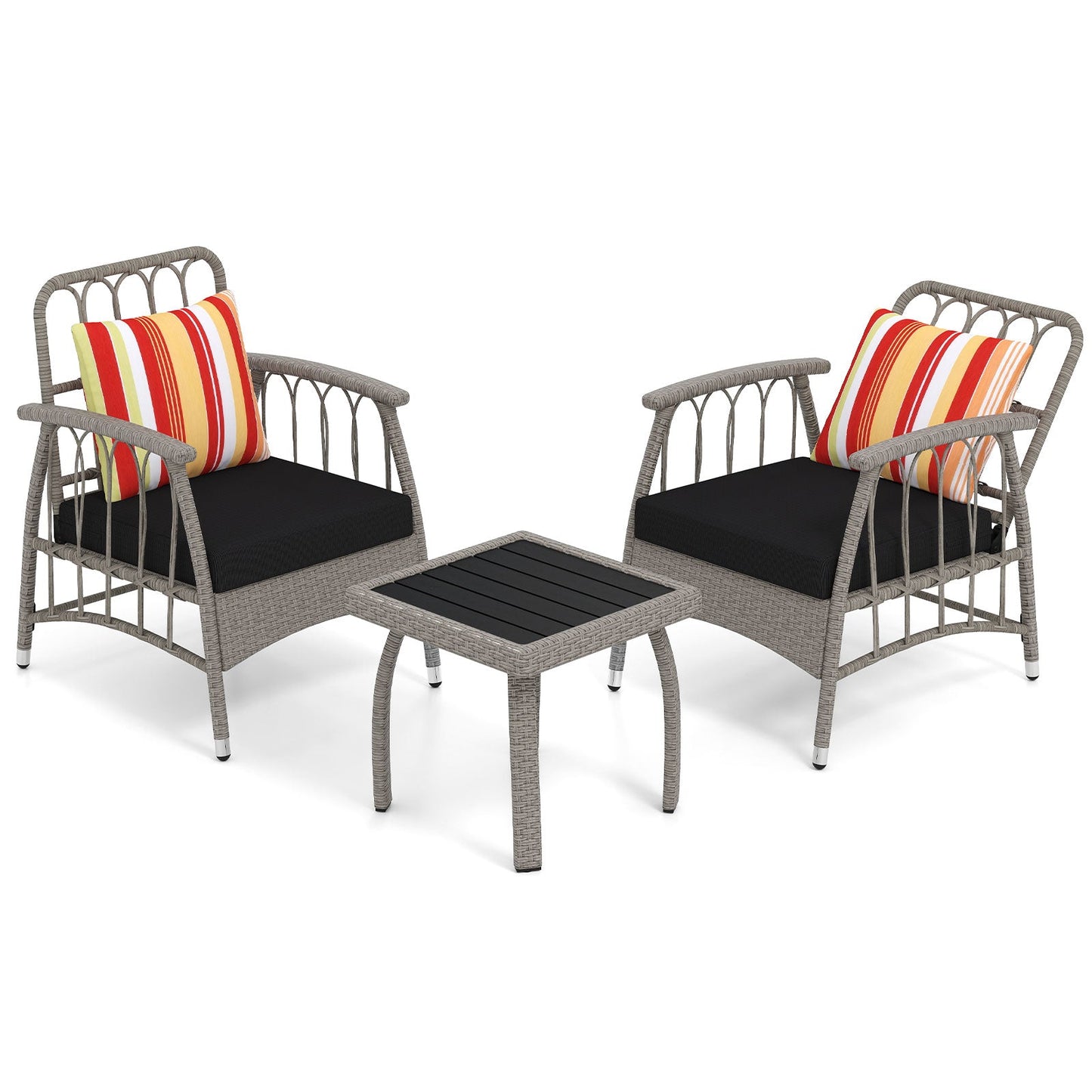 3 Pieces Patio PE Wicker Furniture Set with 5-Level Adjustable Backrest-Gray featuring two chairs and a table with cushions
