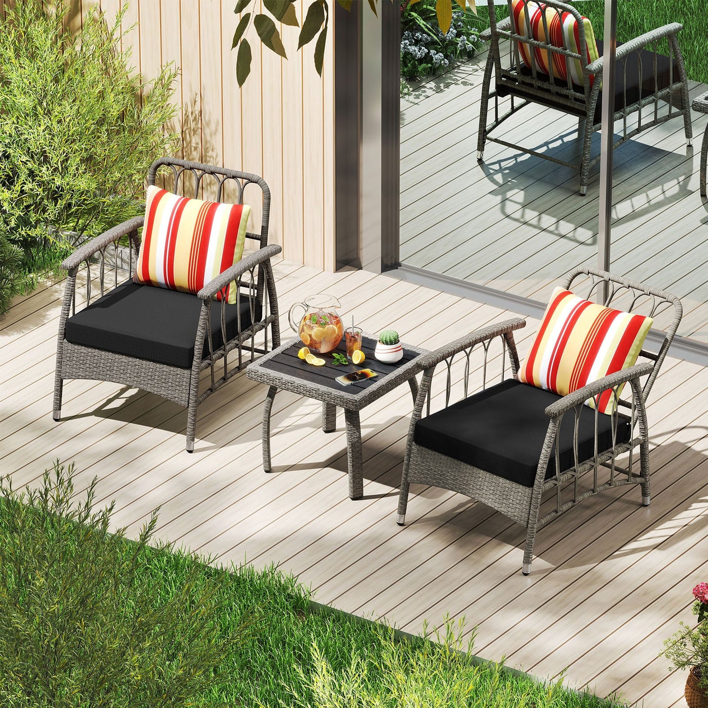 3 Pieces Patio PE Wicker Furniture Set with 5-Level Adjustable Backrest-Gray displayed on wooden deck.