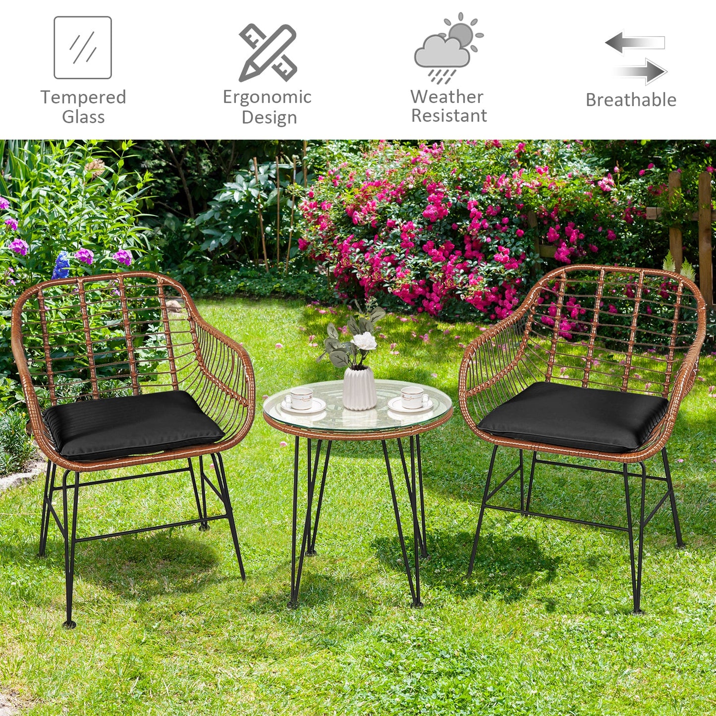 3 Pieces Patio Rattan Bistro Set with Cushion-Black featuring two chairs and a table with tempered glass in a garden setting