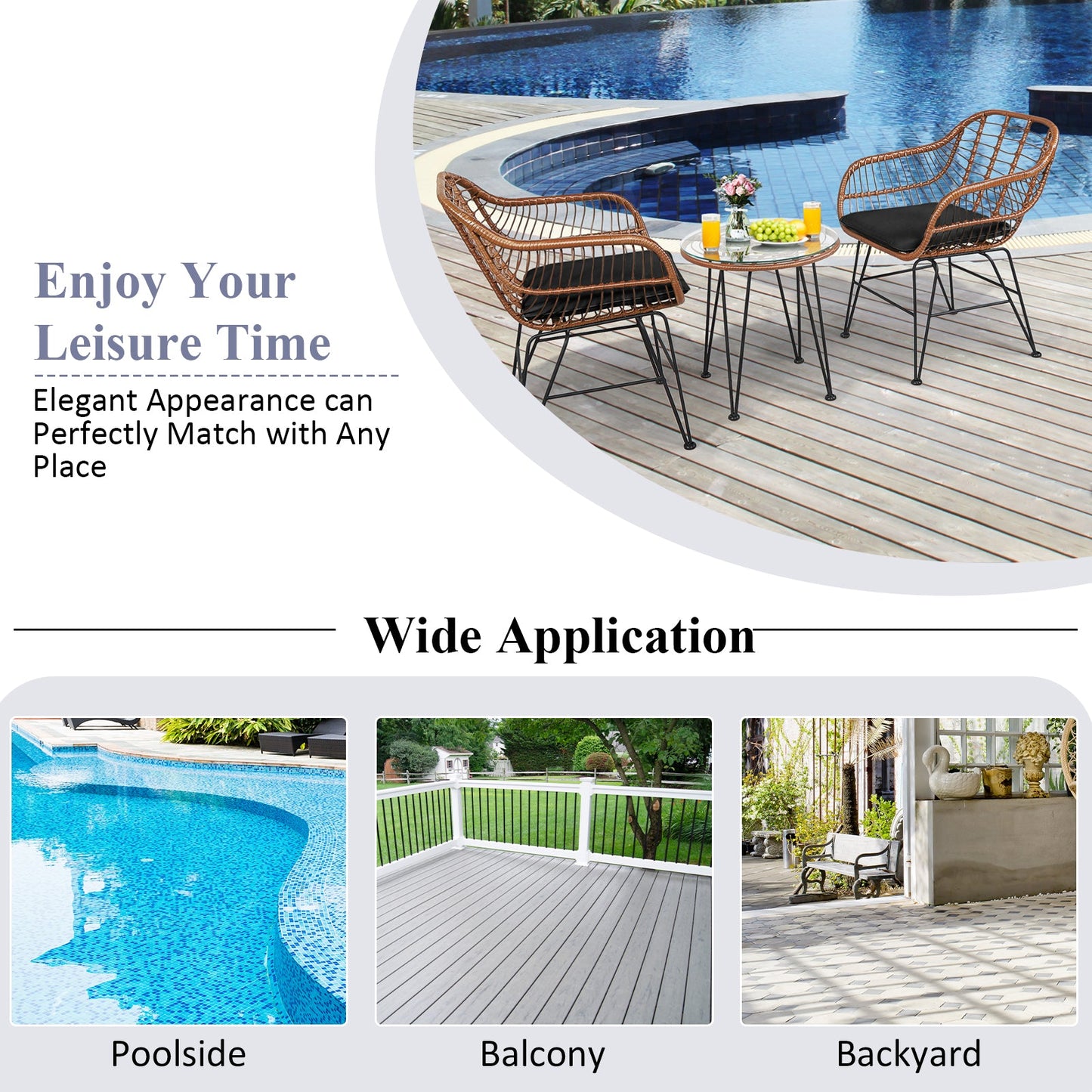 3 Pieces Patio Rattan Bistro Set with Cushion-Black shown by a poolside, balcony, and backyard, highlighting versatile use