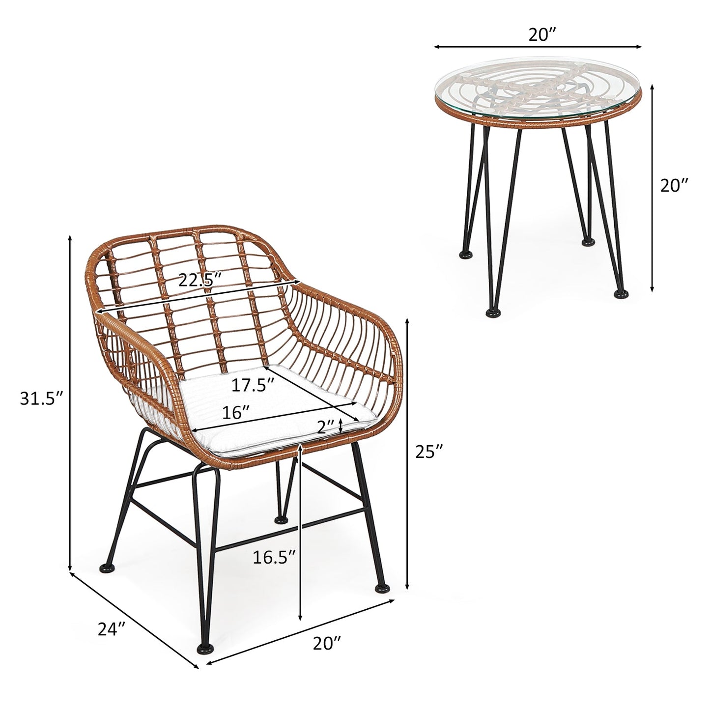 Dimensions of 3 Pieces Patio Rattan Bistro Set with Cushion-Black showing armchair and side table measurements.