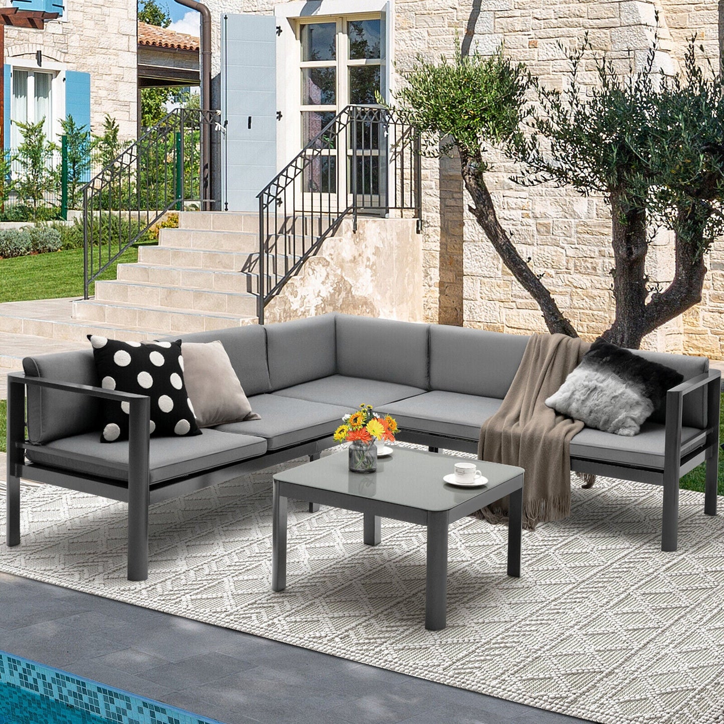 3 Pieces Aluminum Patio Furniture Set with 6-Level Adjustable Backrest-Gray in outdoor setting near a pool