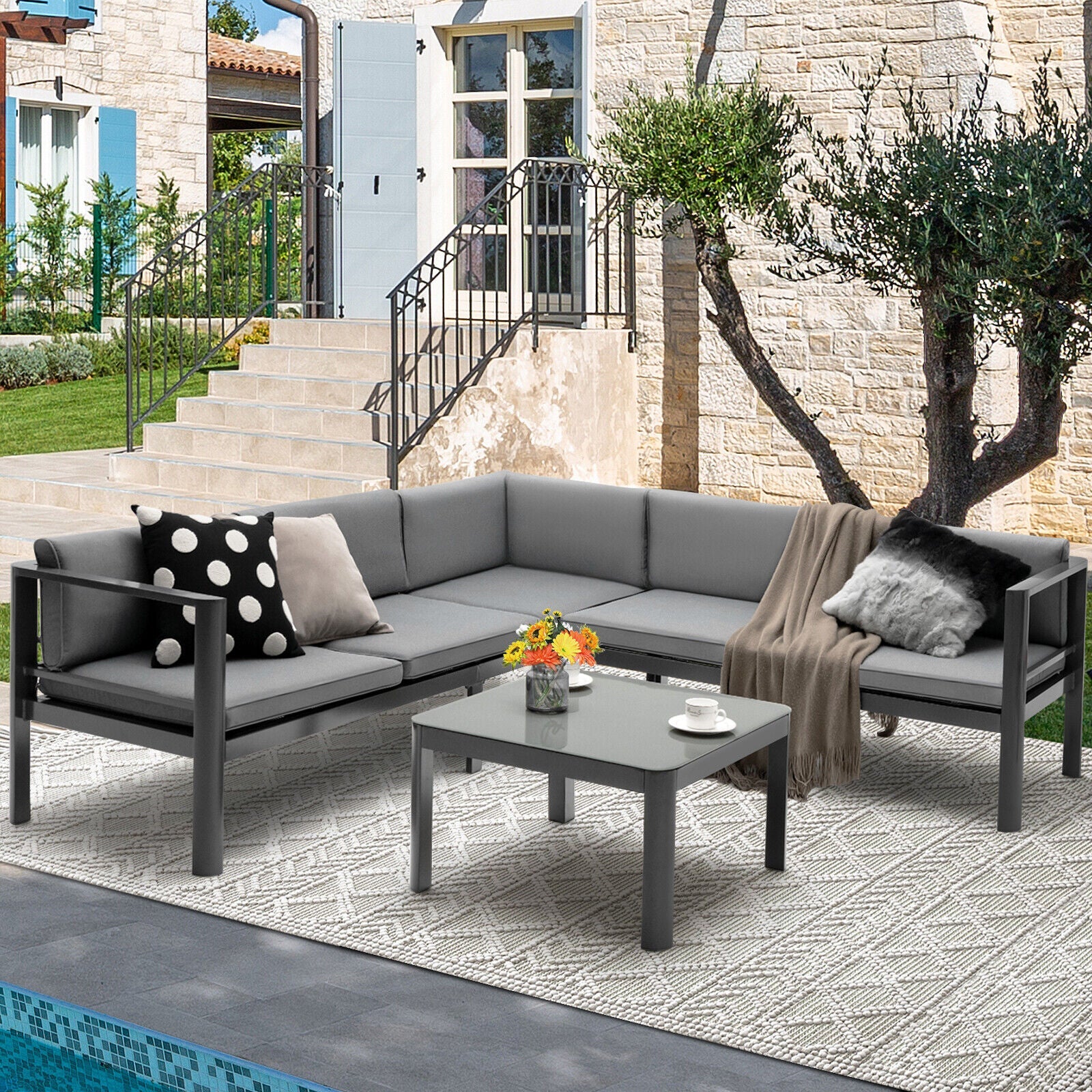 3 Pieces Aluminum Patio Furniture Set with 6-Level Adjustable Backrest-Gray in outdoor setting near a pool
