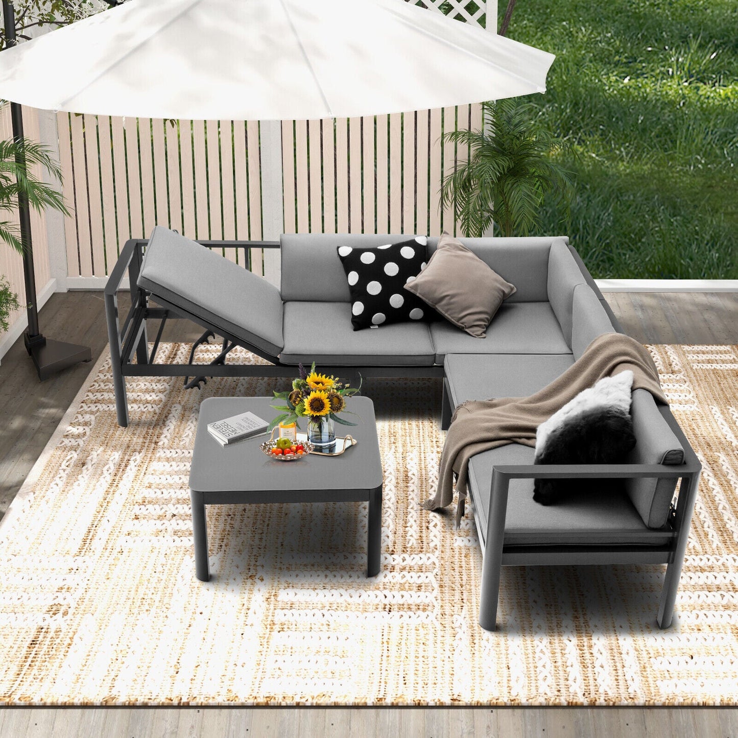 3 Pieces Aluminum Patio Furniture Set with 6-Level Adjustable Backrest-Gray on outdoor patio setup