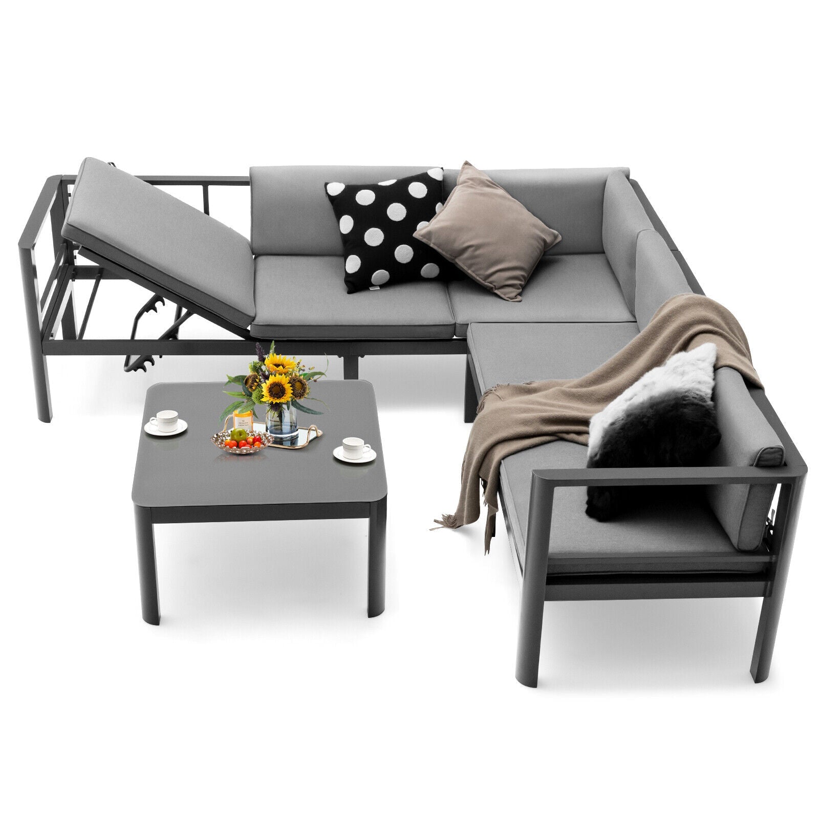 3 Pieces Aluminum Patio Furniture Set with 6-Level Adjustable Backrest-Gray showing a recliner and cushions on a patio setup