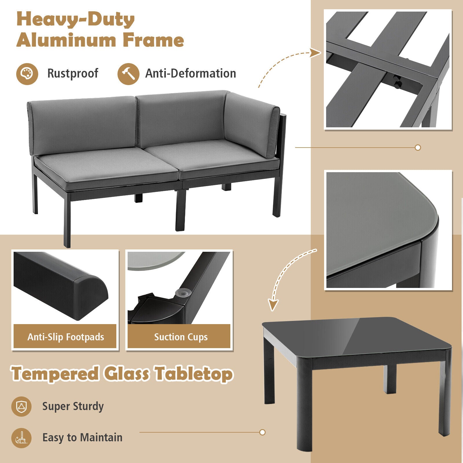3 Pieces Aluminum Patio Furniture Set with 6-Level Adjustable Backrest-Gray featuring anti-slip footpads and tempered glass tabletop.