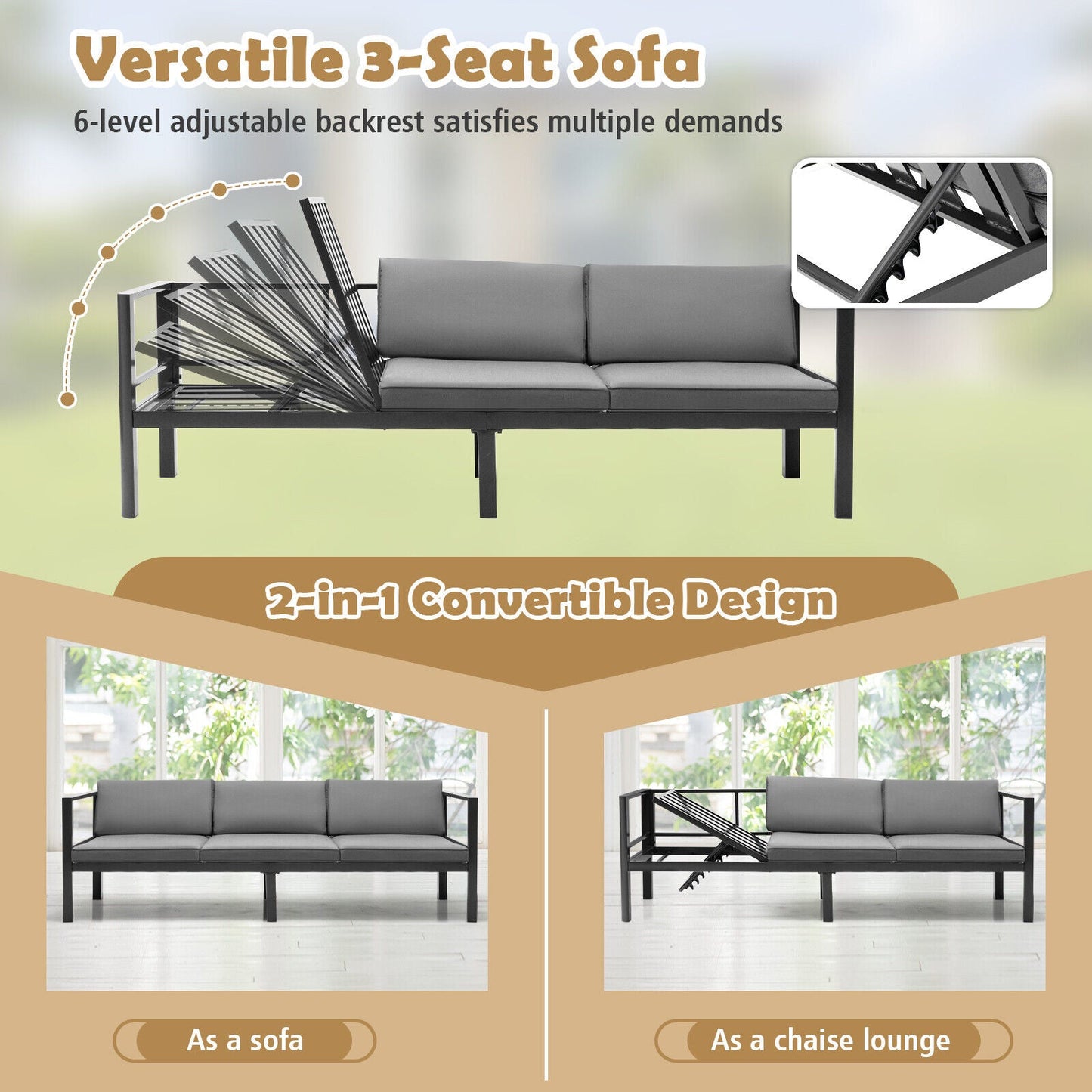 3 Pieces Aluminum Patio Furniture Set with 6-Level Adjustable Backrest-Gray in sofa and recliner mode